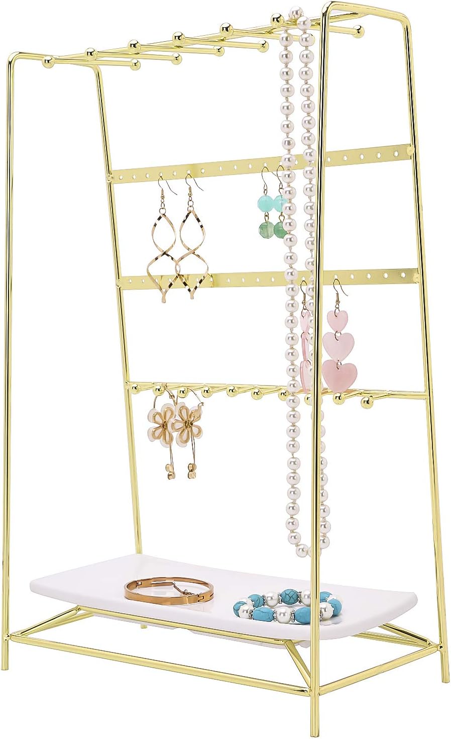 Simmer Stone Jewelry Stand, 4 Tier Jewelry Organizer Holder, Decorative Jewelry Storage Hanger Display with Tray for Rings Bracelets Necklaces Earrings,Gold