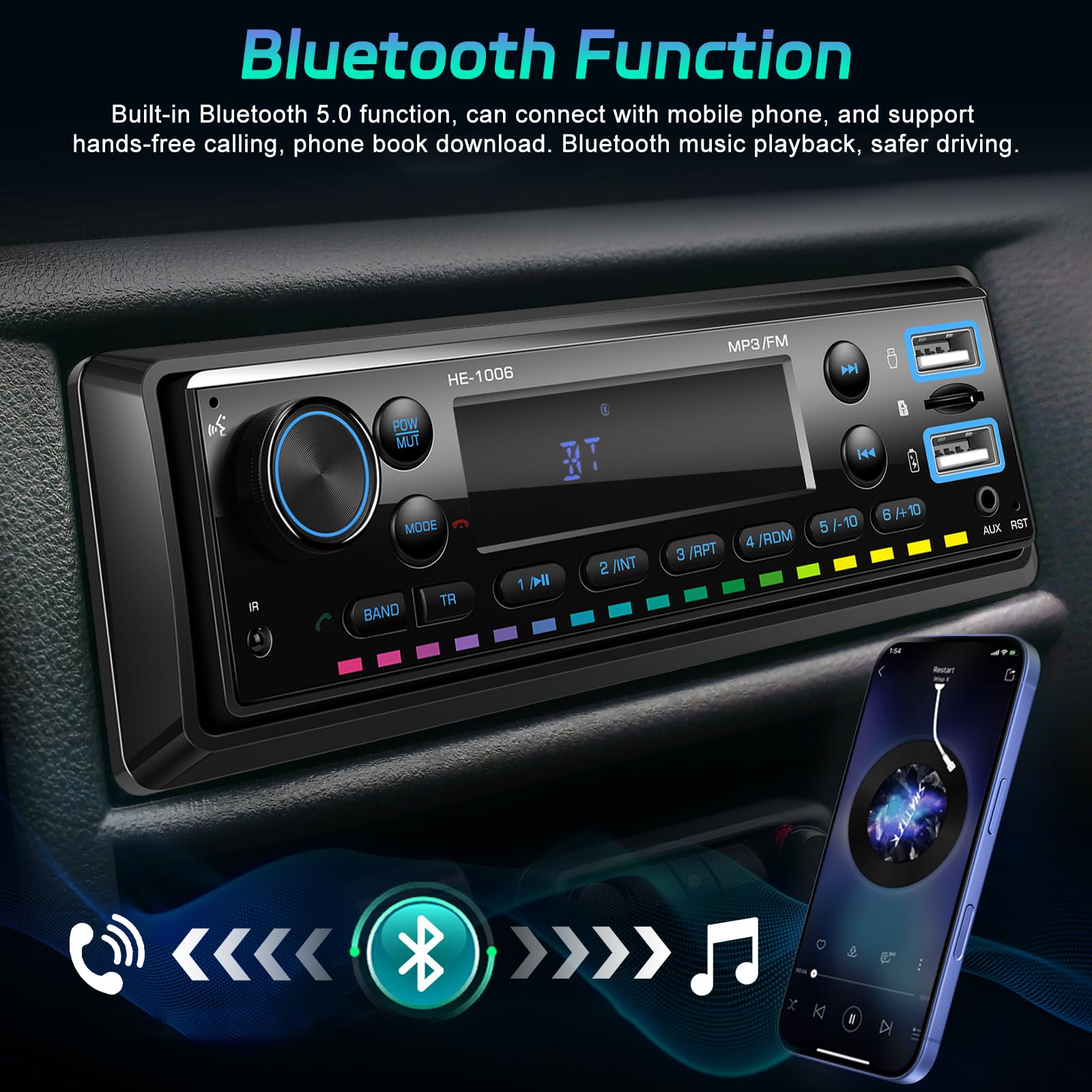 NHOPEEW 1 Din Autoradio mit Bluetooth - 1 Din Radio Unterstützung Hands-Free/FM/Time Dispaly - Zwei USB-Anschlüsse, USB-Laden, AUX-Eingang, rote Hintergrundbeleuchtung