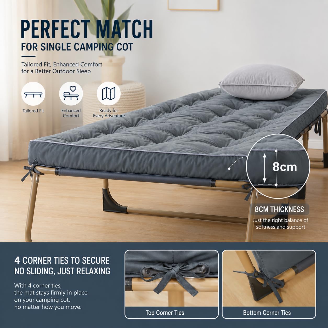 Jamdok Matelas de couchage épais pour lit de camp (190 x 75 cm), lit matelassé pour dormir en camping, matelas de couchage pour le sol, portable - gris