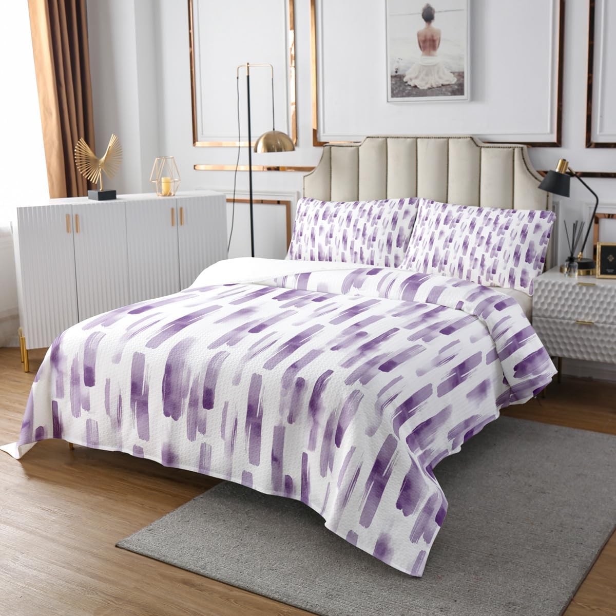 Erosebridal Violet Gradient Abstract Bedspread Set Queen,Lavender Geometric Striped Coverlet Set for Women Men Adults,Ink Painting Ombre Modern Art Decor,Boho Aesthetic Graffiti Watercolor Bed Sets