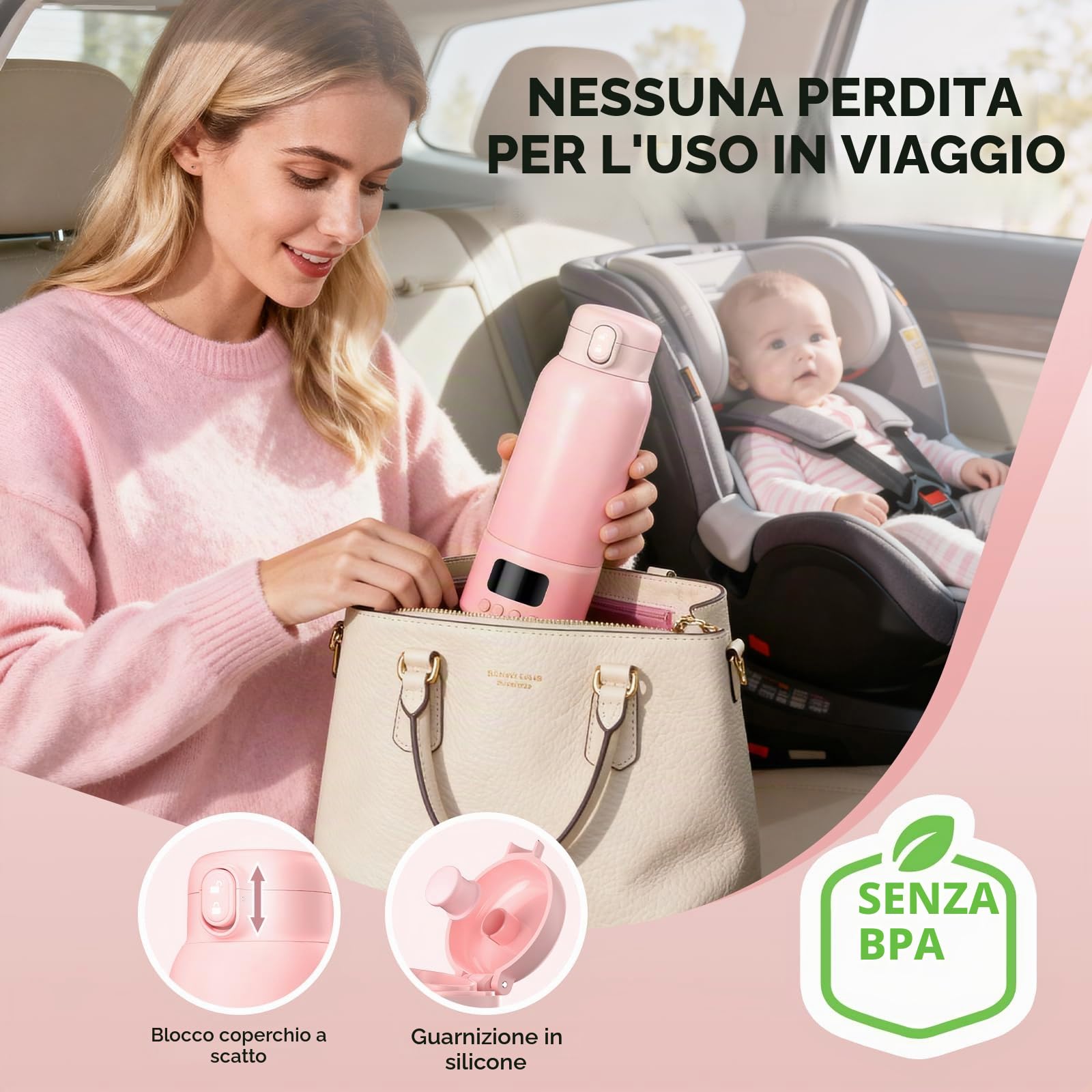 Scaldabiberon Portatile Senza Fili: Scalda Biberon Neonato Riscaldamento Rapido e Lunga Durata della Batteria 2 Modalità per Latte Materno e Acqua 500ml per Tutto il Giorn