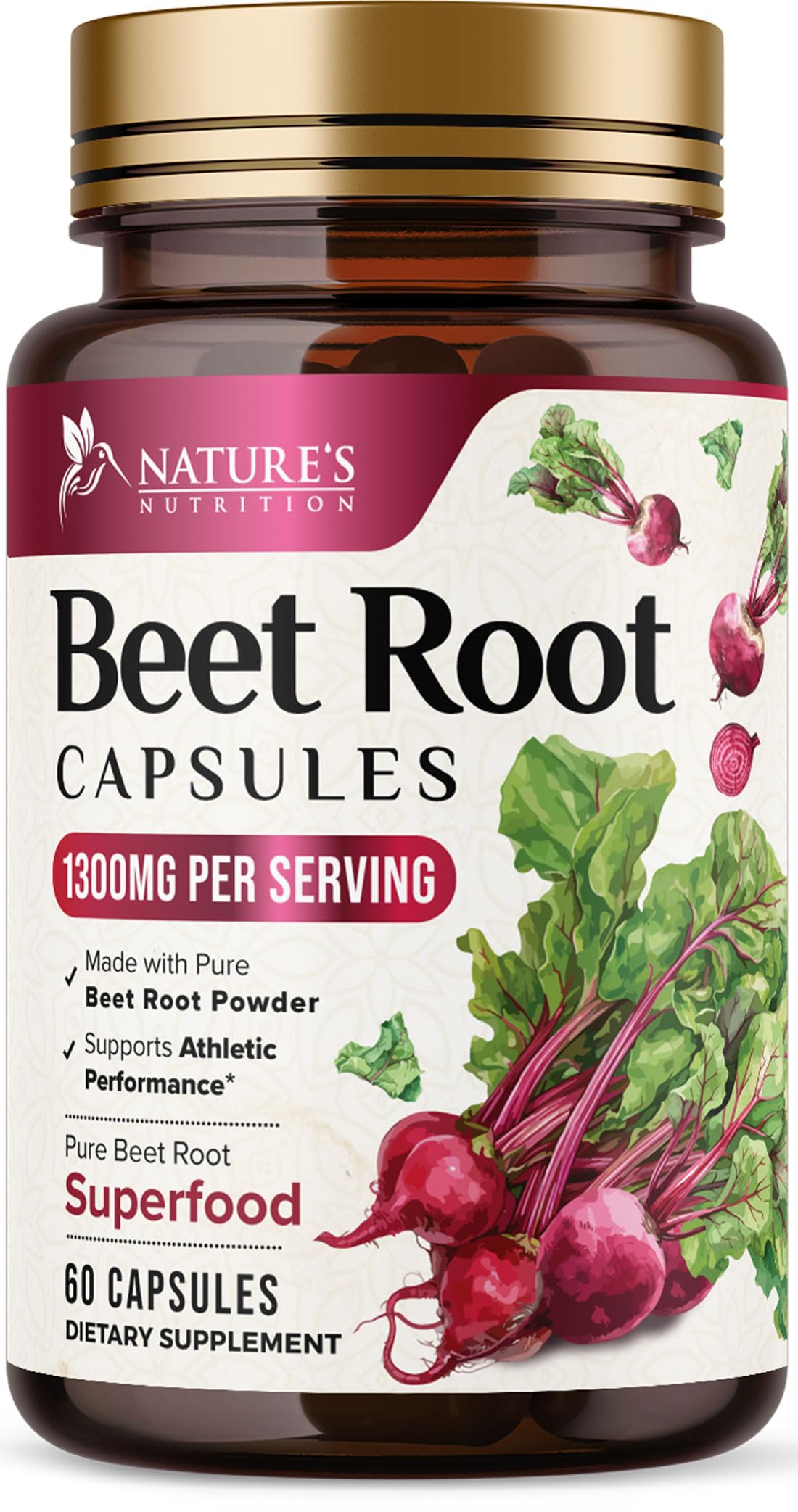 Organic Beet Root Capsules - 1300mg Extra Strength Beetroot Powder Supplement - Supports Nitric Oxide Production, Heart Health & Natural Energy - for Men & Women - Bottled in USA - 60 Veggie Capsules 60 Count (Pack of 1)