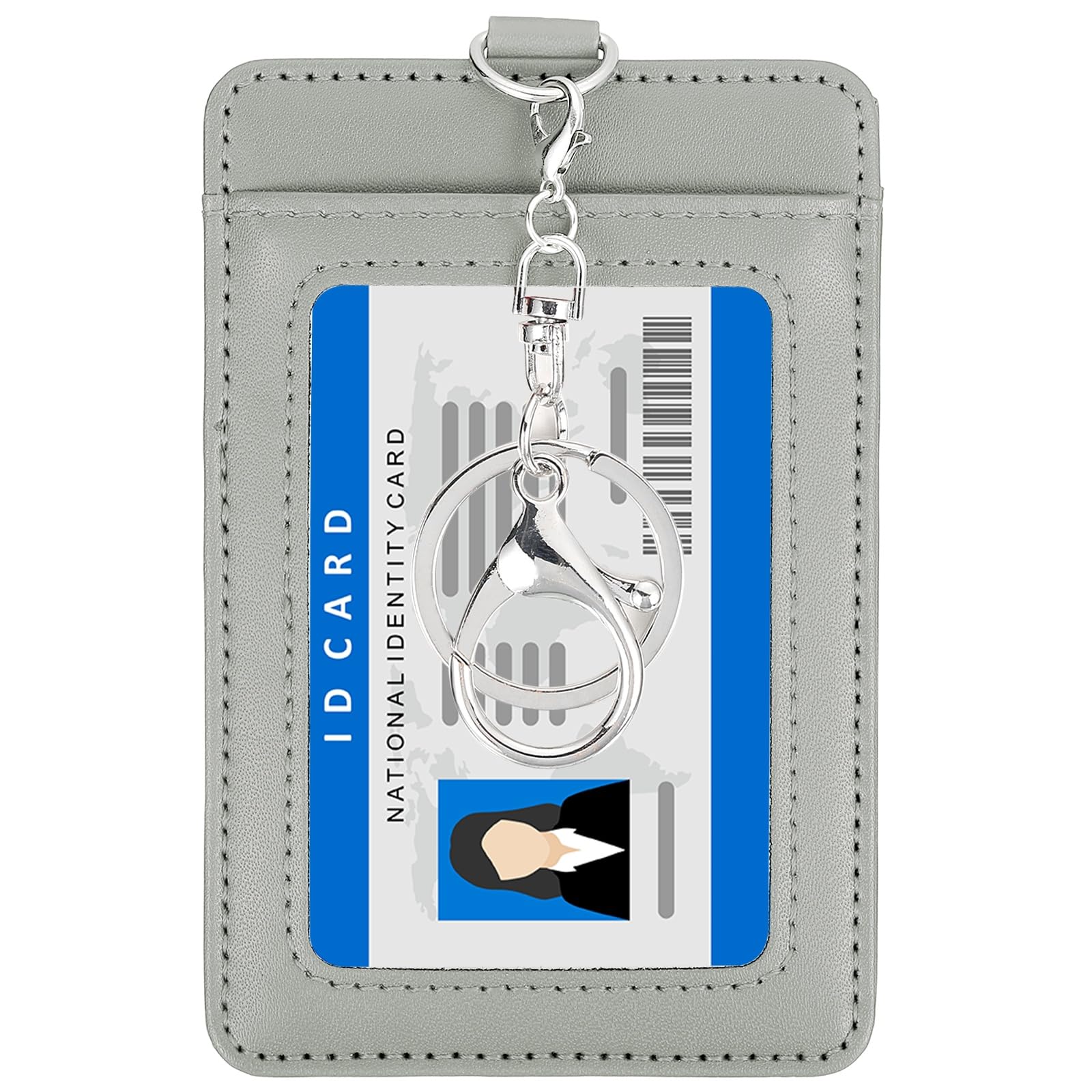 PATIKIL 4.7 x 3.2 x 0.2 Leather Badge Holder with Clear ID Window, Front Pocket Vertical Credit Card Holder & Swivel Metal Clasp Keyring for Employees, Staff, College, Light Gray