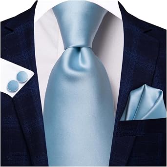 VSOLS Men's Blue Black Striped Tie 3.4" Tie Pocket Square Cufflinks Wedding Party Silk Tie Set Color SN-3402, Size 59.06 * 3.35in