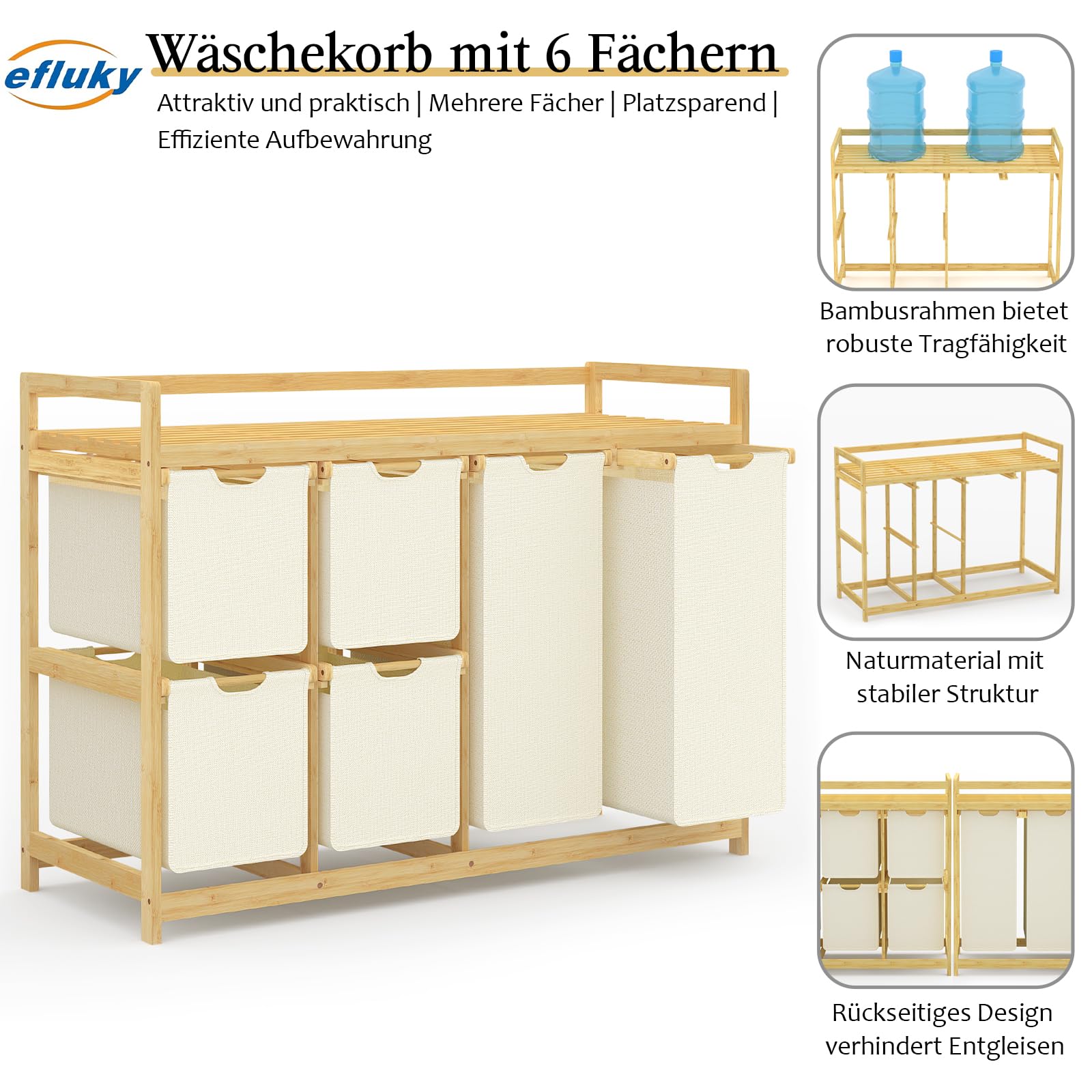 efluky 200L Wäschekorb 6 Fächer, Große Wäschesammler mit Korb Wäschesortierer mit 2 Wäschesäcken und 4 Stoffboxen, Laundry Basket Wäschebox Bambus Wäscheregal für Badezimmer, Schlafzimmer, Beige