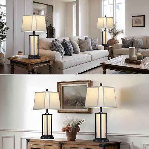 Miniatura 5 de 27" Tall Vintage Table Lamp Set of 2 with USB C+A & Outlet,Black Industrial End Table Lamp for Living Room,Farmhouse Rustic Bedside Lamps with Bell