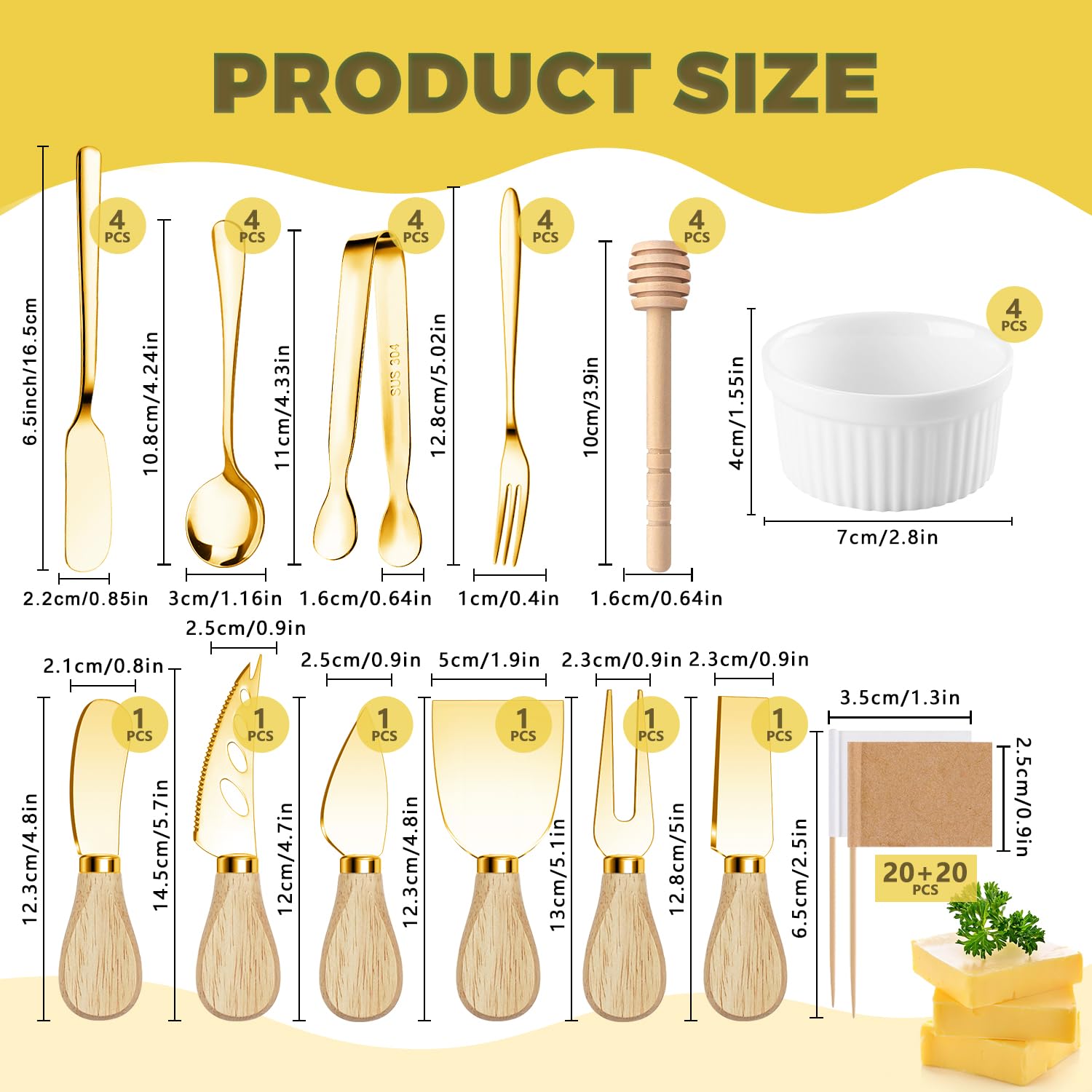 Charcuterie Boards Accessories Charcuterie Utensils Cheese Butter Spreader Knife Set Small Serving Tongs Forks and Spoons Dipping Bowls Honey Dippers Toothpick Flags for Party Platter Making: Gold