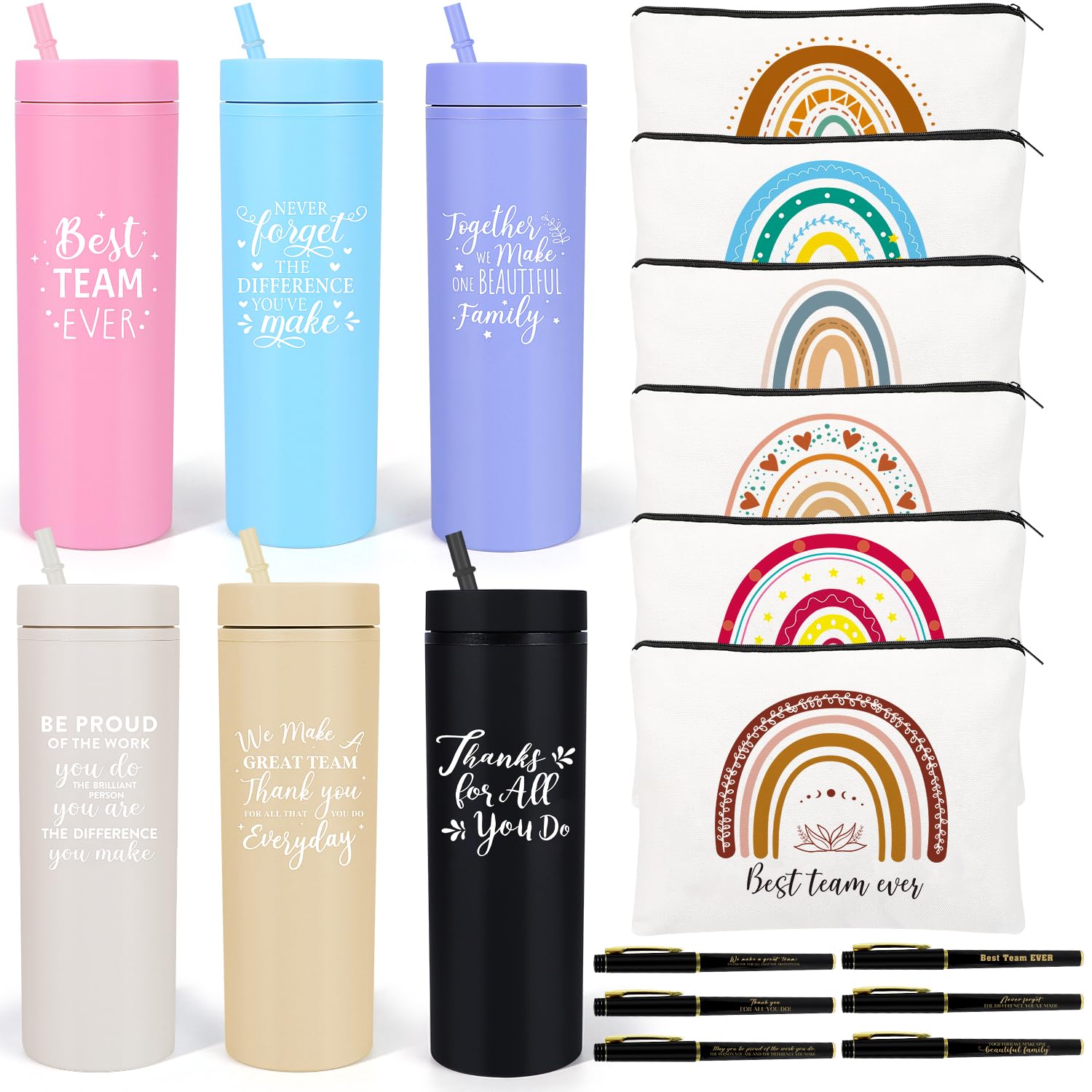 iAOVUEBY 6er-Set Wertschätzungsgeschenke für Mitarbeiter, Weihnachtsgeschenke für Kollegen, Lehrer, Krankenschwestern, 473 ml, matt, inspirierend, schmal, Make-up-Taschen, Stift, Dankeschön-Geschenke