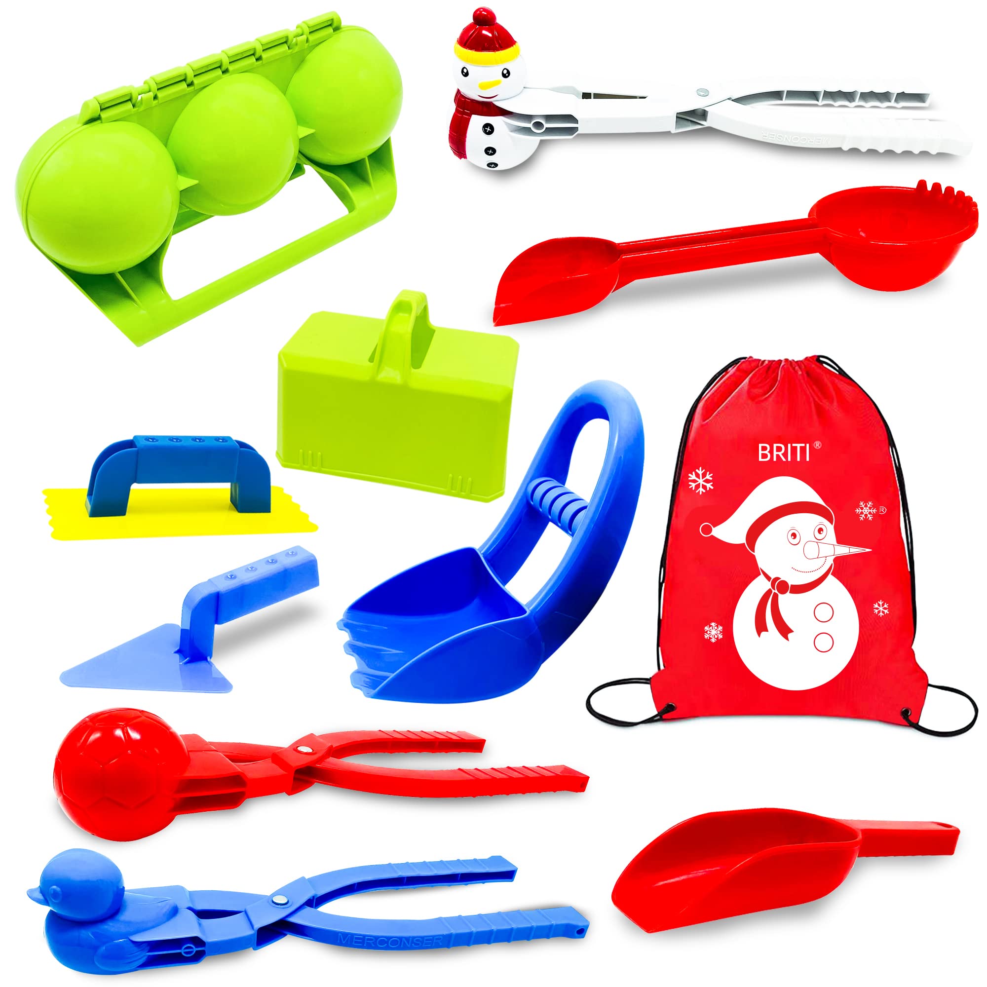 BRITI 11 Pieces Snowerball Maker Tools, 4 Snowball Makers, 6 Snow Tools and 1 Storage Bag, Snowball Toys and Beach Toys for Kids and Adults Snowball Fight