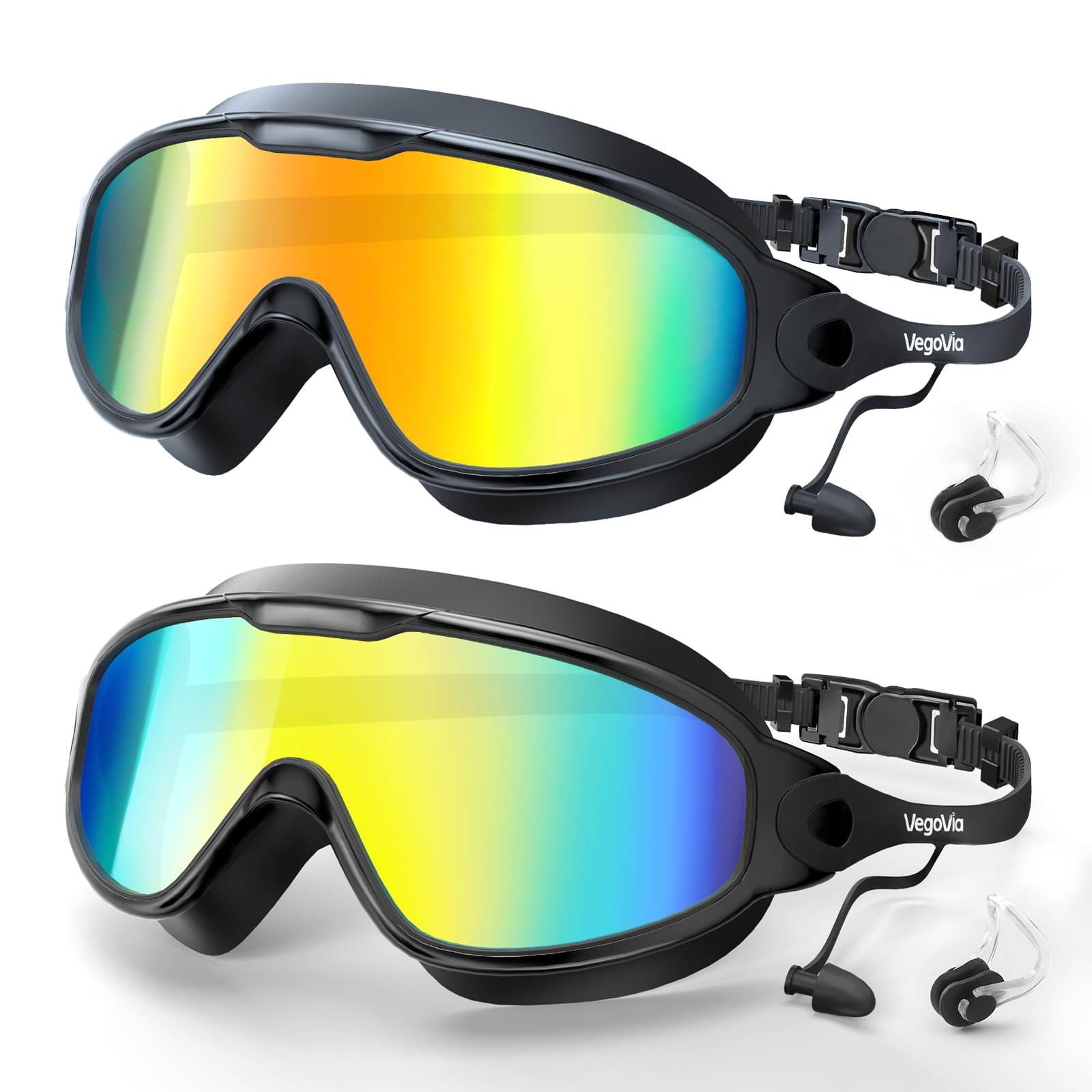 VegoVia Paquete de 2 gafas de natación para adultos, jóvenes, hombres y mujeres | Gafas de natación antivaho para piscina, protección UV, sin fugas, de silicona, tapones para los oídos, agua abierta