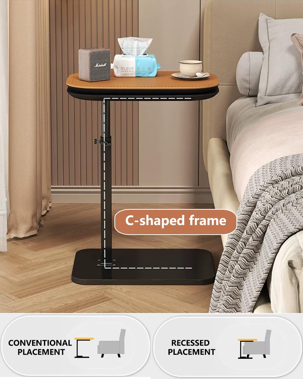C Shaped End Table, Adjustable Height Side Table, 360° Swivel Small Couch Tables that Slide Under, TV Tray Table for Small Spaces, Living Room, Bedroom (Orange Leather)