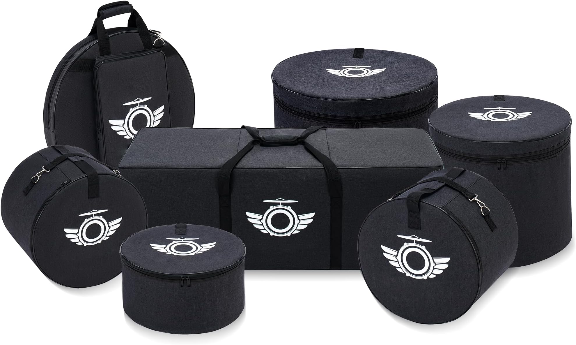 Drum Bags Set 7-pcs, Drum Cases Carrying Bag Thick Padded Including 10" Tom Bag, 12" Tom Bag, 14" snare drum bag, 16" Floor Tom Bag, 22" Bass drum case, 22" Cymbal Bag, Large Drum Hardware Bag