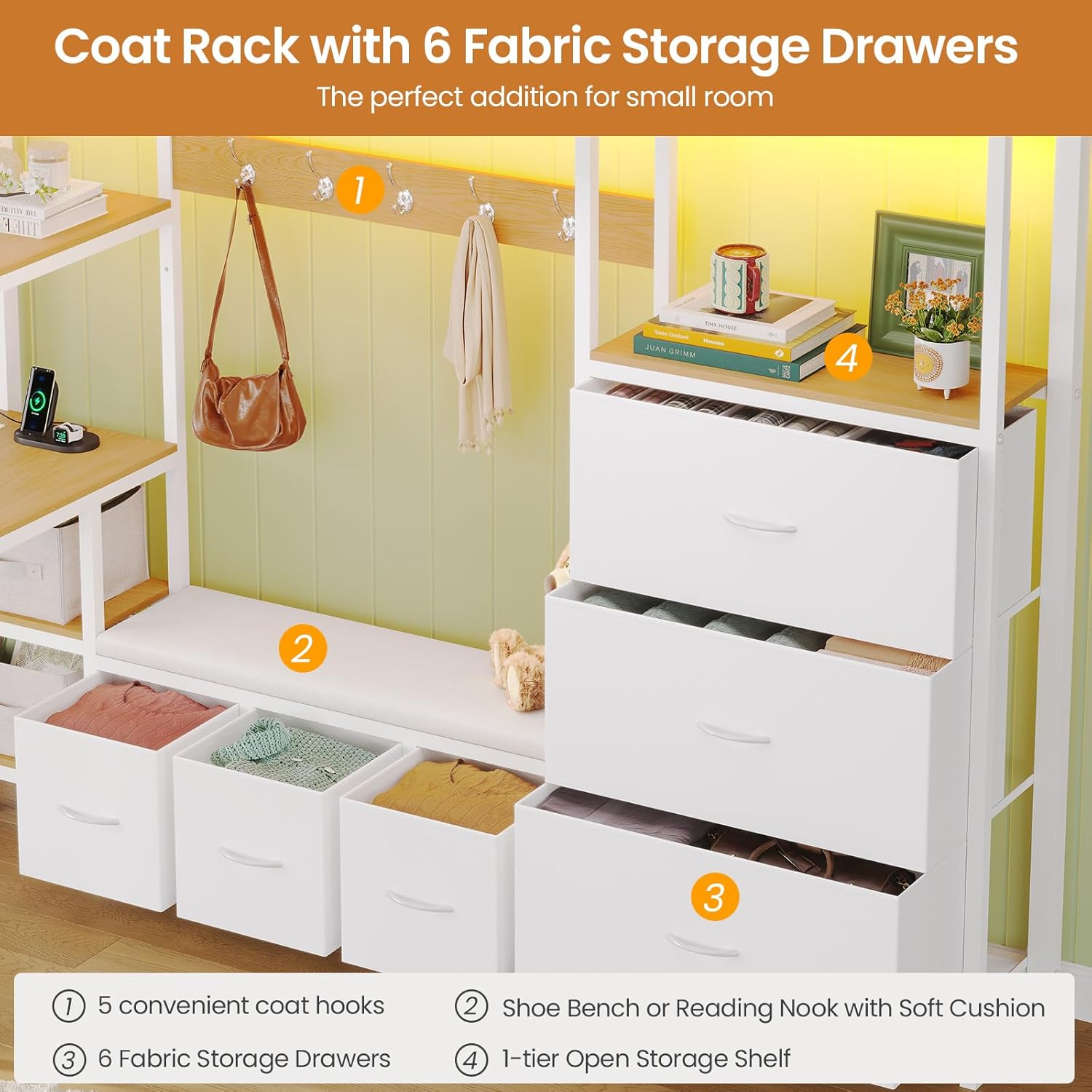 DICTAC Twin Loft Bed with 6 Storage Drawers,Coat Rack and Open Shelves Metal Twin Size Loft Bed with Desk,Charging Station and LED Light,loft beds with Large Pegboard,Stairs and Safety Guardrail,White