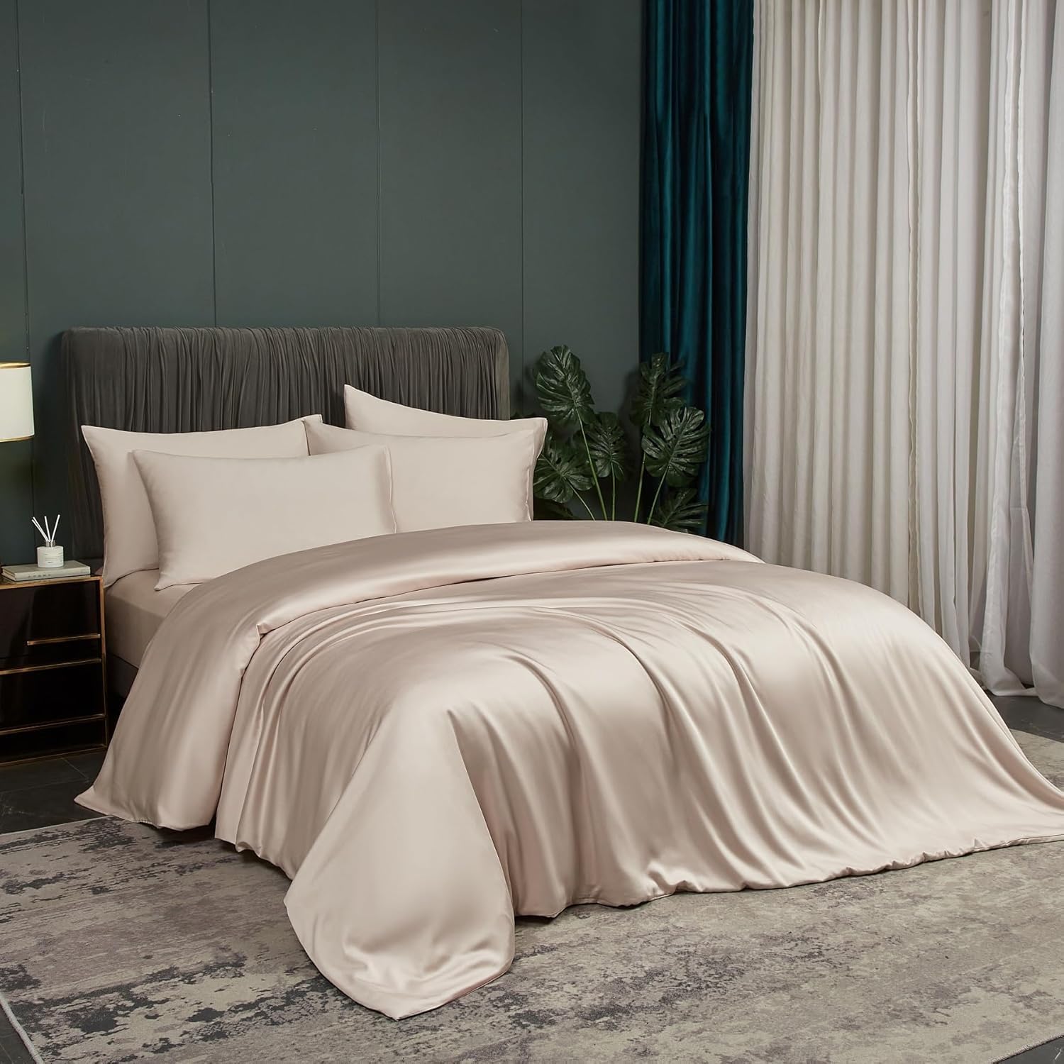 Luofanfei Housse de Couette 220x240 Beige Lyocell Bambou Parure de lit Unie 2 Personnes Soie Lisse Soyeux Brillant Adulte Uni Ensemble Literie avec Fermeture éclair et 65x65cm Taies d'oreiller