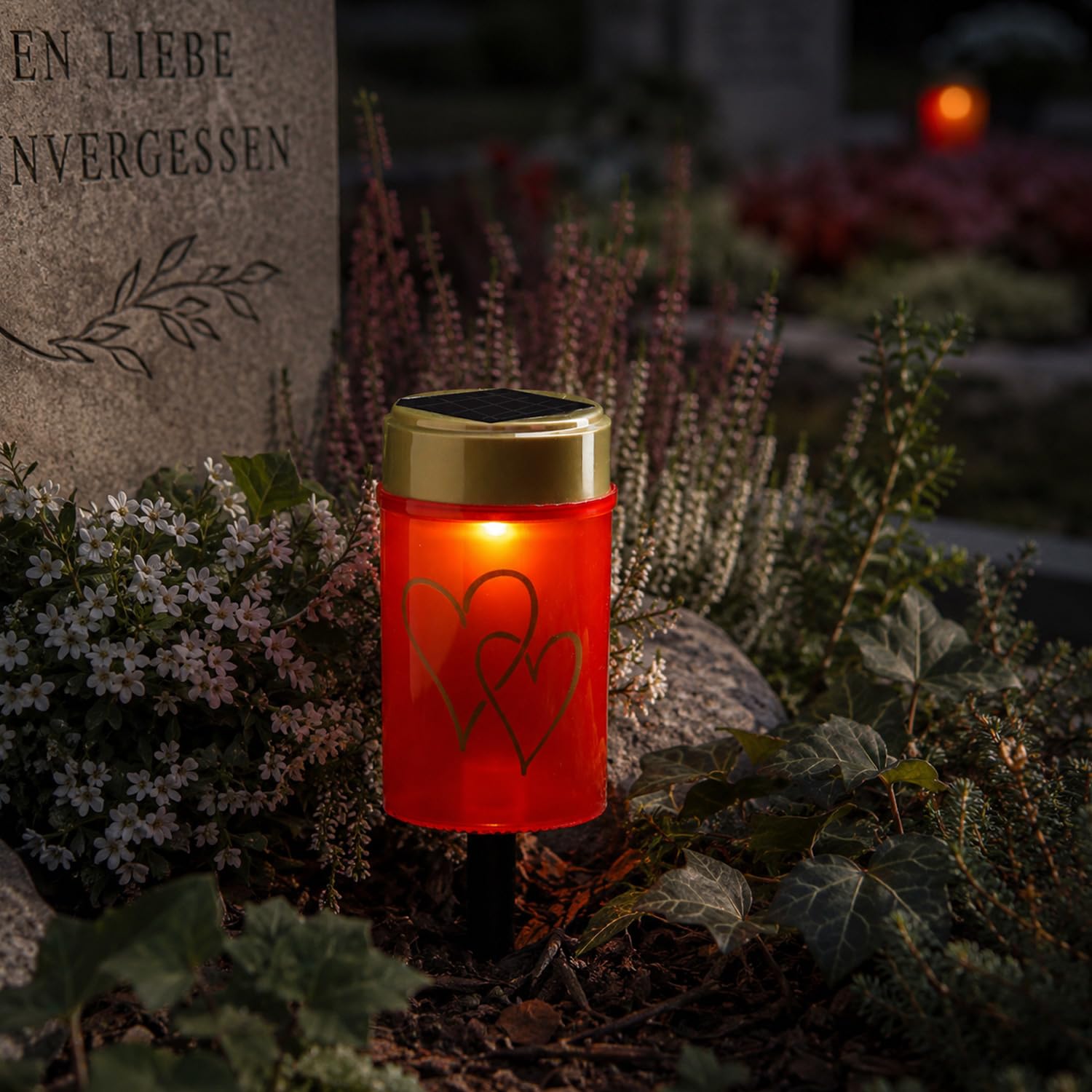 MARELIDA LED Grablicht | LED Grabkerze mit Herzmotiv, H:12cm, solarbetrieben
