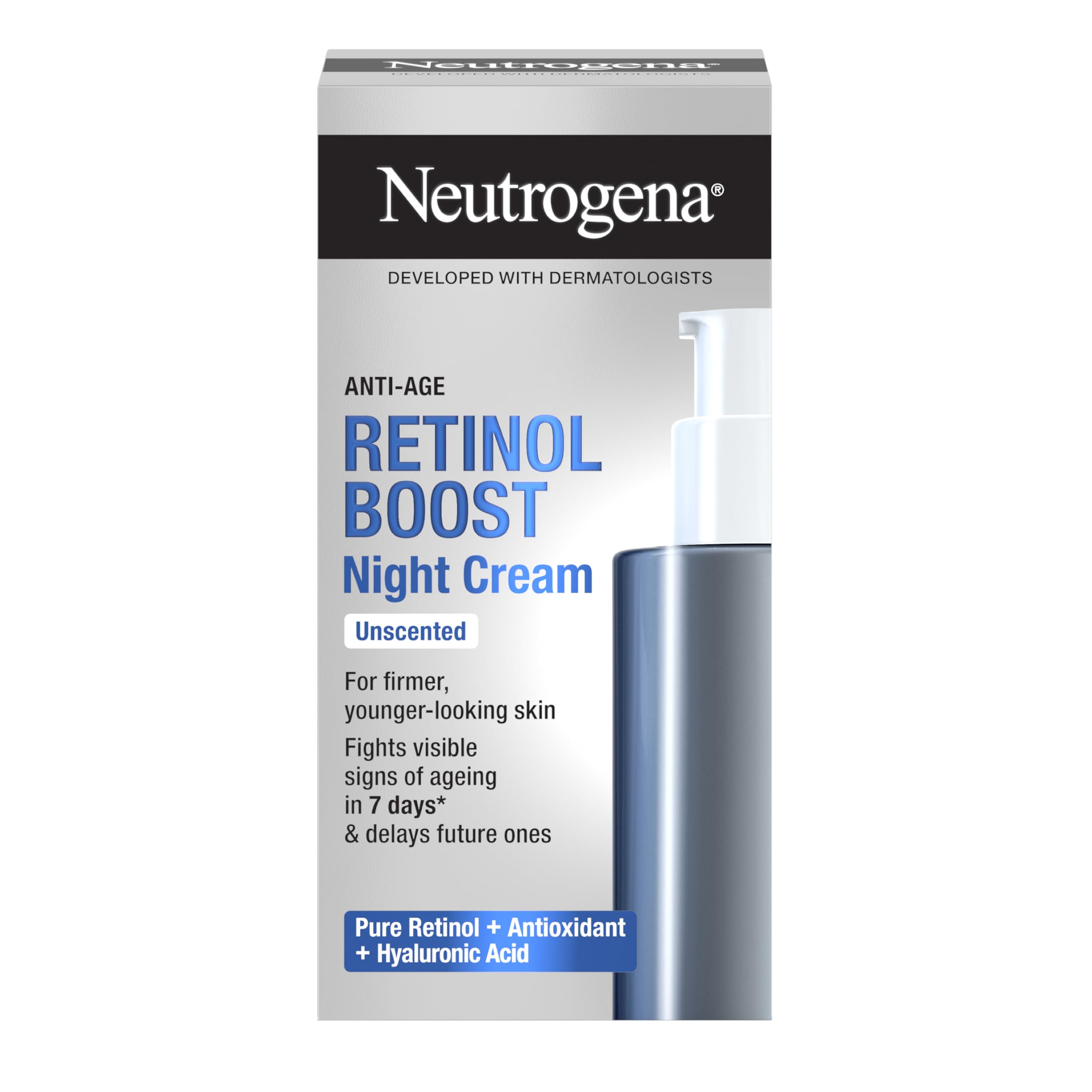 NEUTROGENA® Retinol Boost Krem na noc 50 ml, o działaniu przeciwstarzeniowym do stosowania na noc. Zwalcza widoczne oznaki starzenia się skóry: zmarszczki, brak jędrności, suchość, plamy starcze.