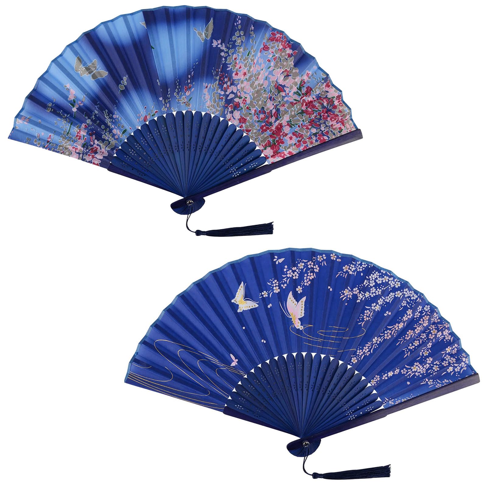 AOOTUERL 2 Pack Silk Fabric Hand Fans, Chinese Fan, Hollow Carved Bamboo Folding Hand Fan Handheld Fans for Wedding, Gifts, Performance, Dancing, Home Decoration