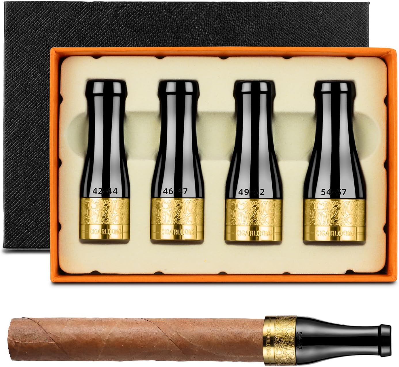 Cigar Mouthpiece Holder for Men and Women,4 Sizes Cigar Holders Tips Set in Gift Box,Copper Resin (Black)