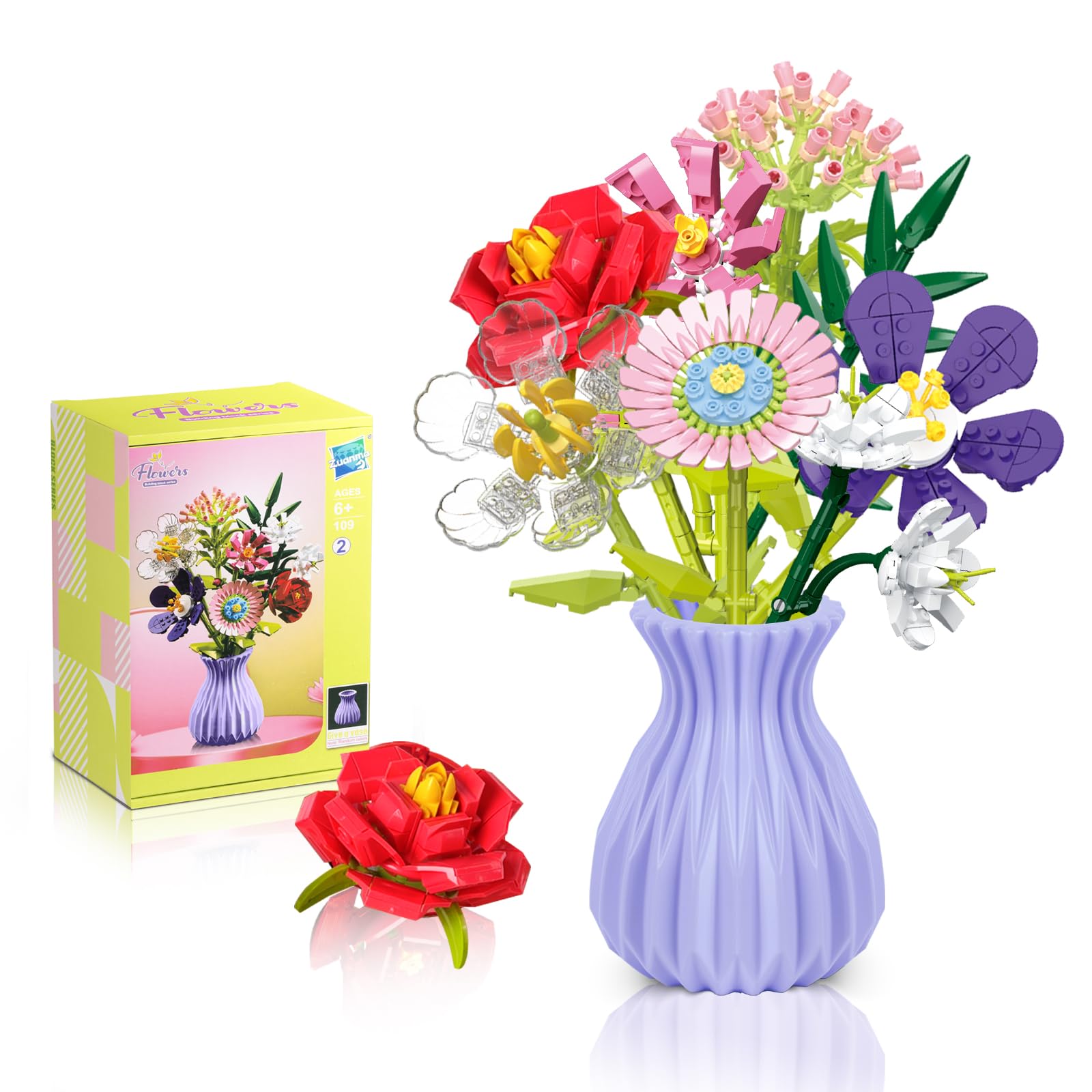 Flowers Bouquet Building Set with Vase, 8 Artificial Flowers Bouquet Set for Adults, Kids, Boys, Girls, Idea Gifts for Mother's Day, Birthdays, Creative DIY Plant Bouquet Decoration Botanical, 730PCS