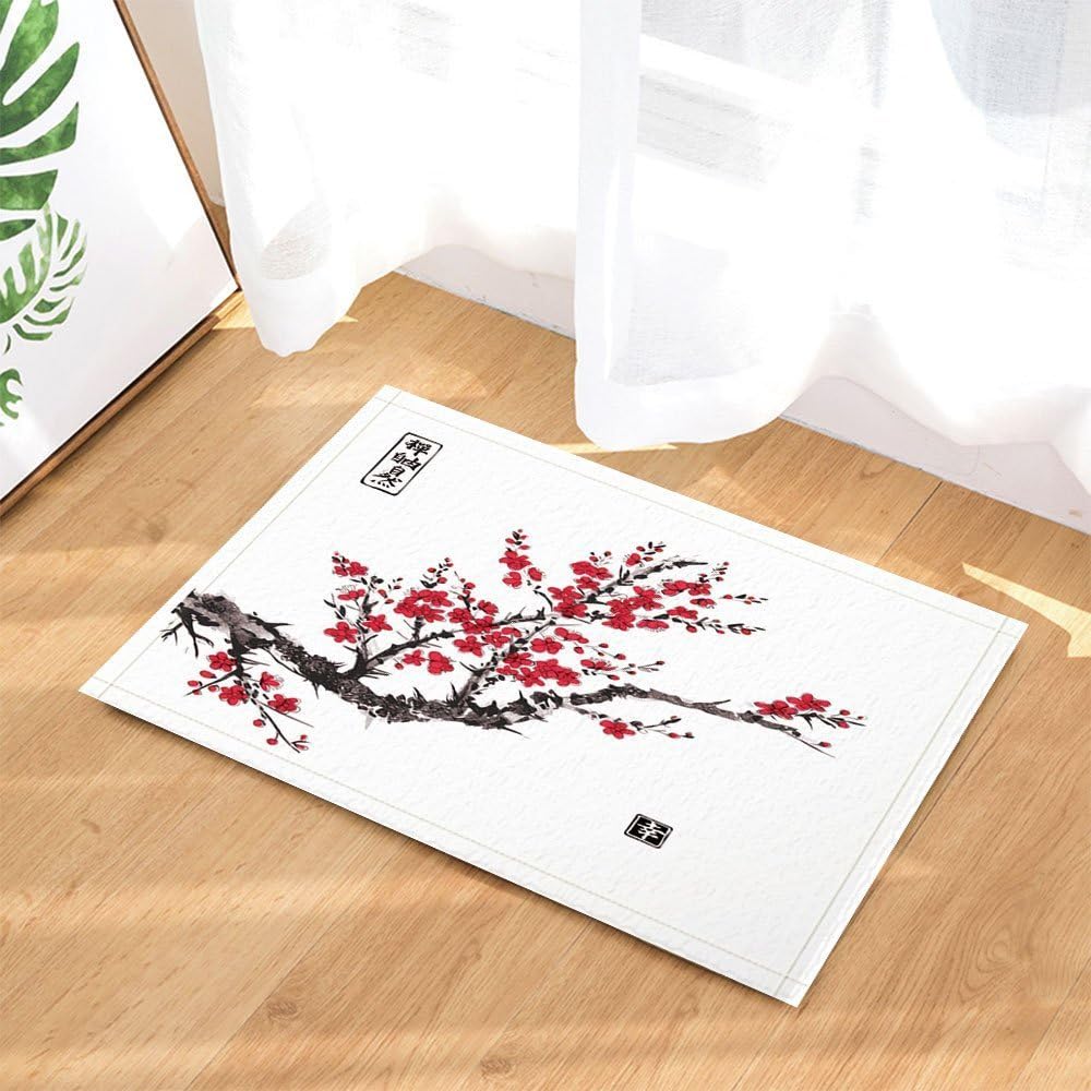 limttednethard Painting Bath Rugs, Chinese Style Plum Blossom Zen Poetry Vintage Art, Non-Slip Doormat Floor Entryways Indoor Front Door Mat, Kids Bath Mat, 15.7x23.6in, Bathroom Accessories