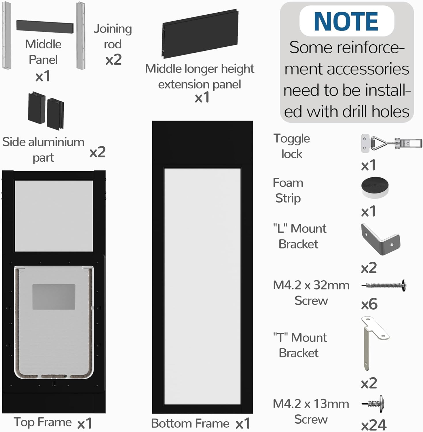 Elevon Dog Door for Sliding Glass Door, Doggie Door Insert with Magnetic Closing Latch Plate, Adjustable Height 83"-91" Slider Height, Patio Pets Door for Dogs, No-Cut Install, Black