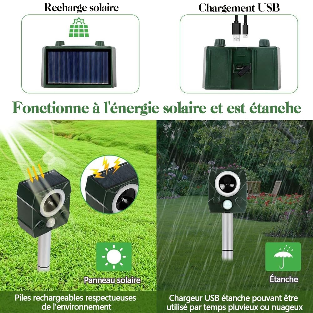 Solaire Ultrason Souris et Rats, Étanche Repulsif Souris et Rats Ultrason Puissant, Piège à Souris avec Lumière LED Contre Les Chats, Chiens et Divers Nuisibles Convient aux Jardins et Aux Cour