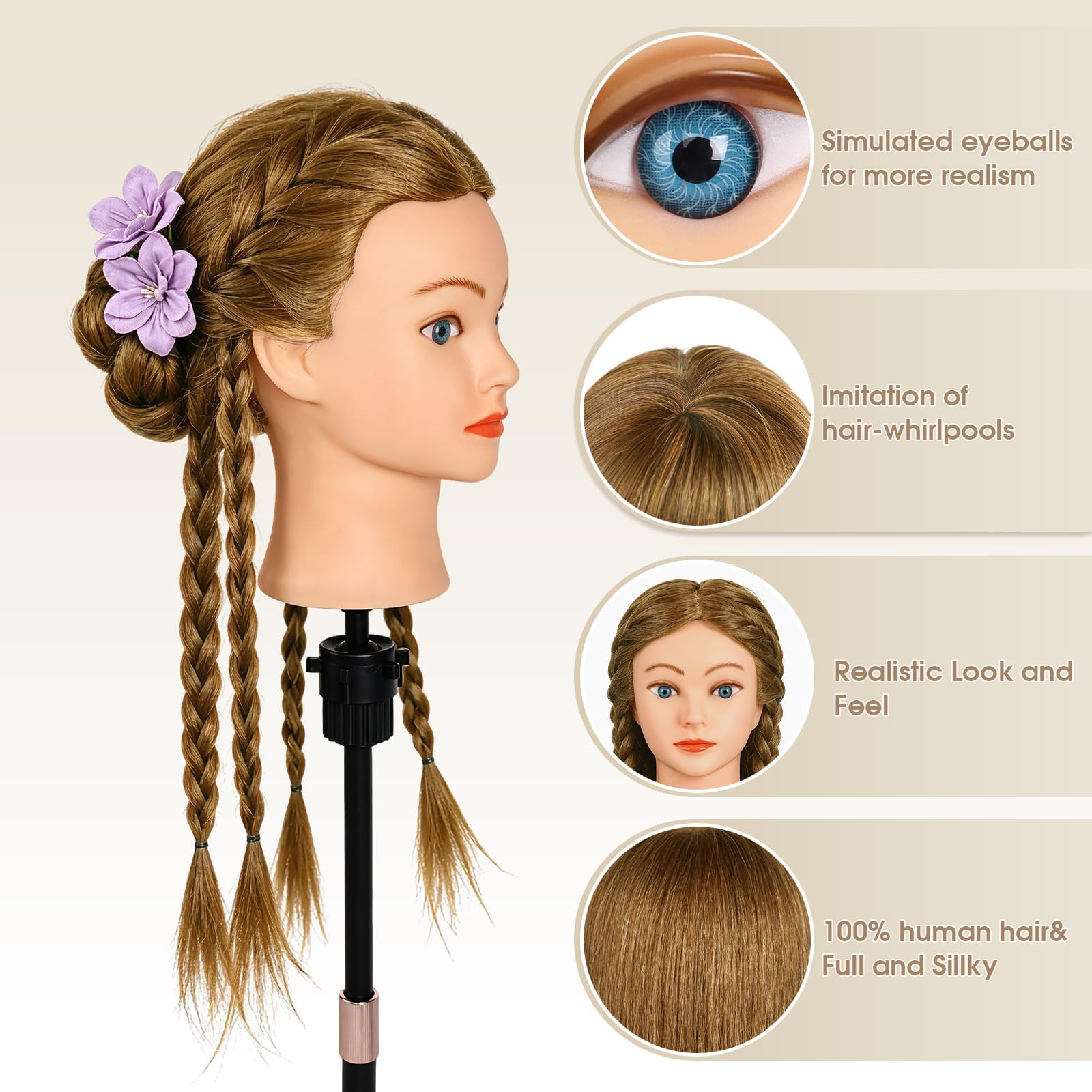 TopDirect Frisierkopf 45 cm mit 100% realistischem Kunsthaar, Honigblond | natürliches Haargefühl, Friseur Übungskopf mit Halter & Zubehör für Flechten, Schneiden und Styling