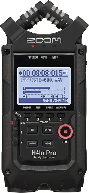 Zoom H4n Pro 4-Track Portable Recorder, All Black, Stereo Mics, 2 XLR/¼" Inputs, Battery-Powered
