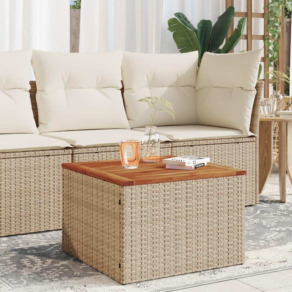 SXZenSpace Beige PE Rattan Garden Coffee Table 55 cm Square with Solid Acacia Wood Top Sturdy Steel Frame for Patio Balcony and Small Outdoor Spaces