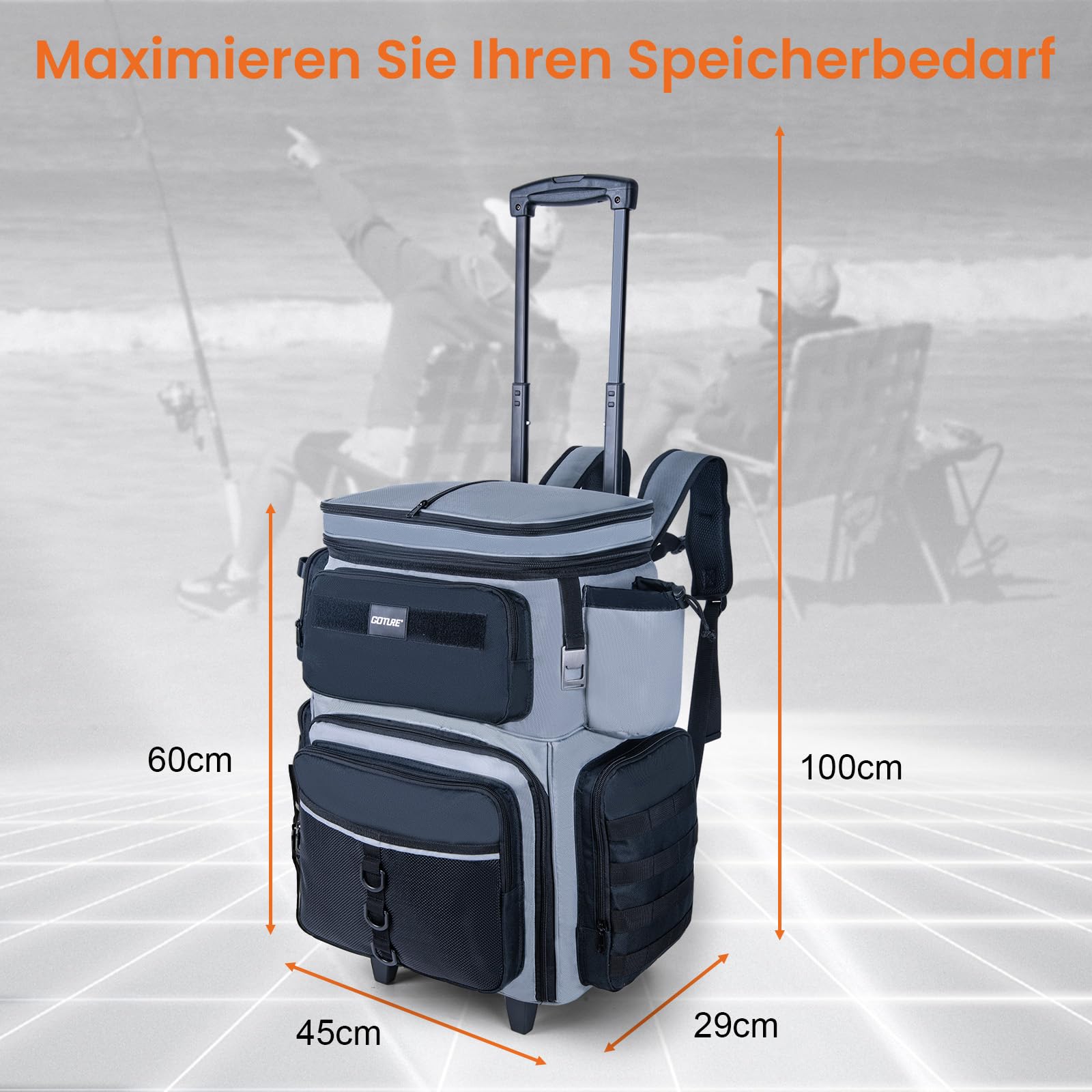 Goture Angelrucksack 66L wasserdicht doppelstöckig mit Isolierfach | 2-Wege-Tragesystem (Rollen & Schultergurt), Regenschutz, Fachaufteilung für Angelzubehör, ideal für lange Angeltouren