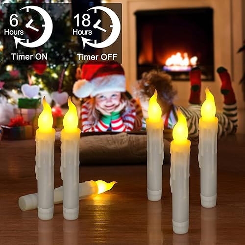 Miniatura 2 de PChero 6 velas cónicas sin llama con temporizador, 6.7 pulgadas, funciona con pilas, candelabros cónicos con llama parpadeante amarilla cálida,