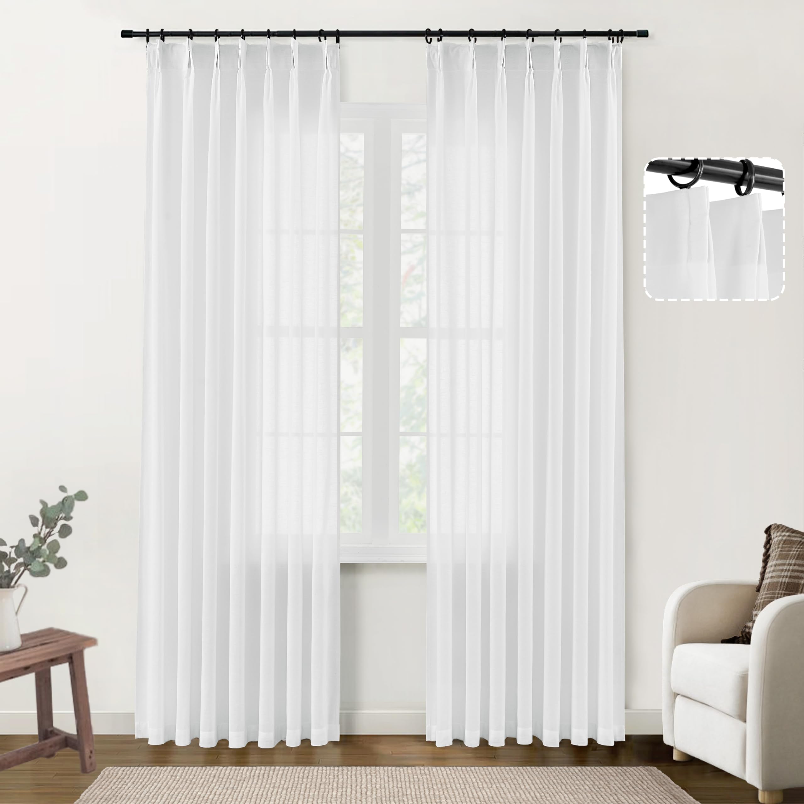 SHINELAND White Linen Curtains 84 Inches Long for Bedroom 2 Panels Set,Sheer Boho Pinch Pleated with Hooks Back Tab Window Sheers Draperies 84 Length for Dining Room Living Room Office at Home