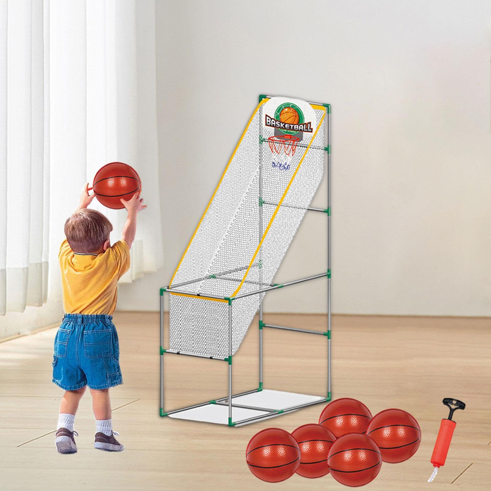 Gioco di Basket Arcade per Bambini, Giocattolo Sportivo, Canestro Rimovibile con Palline, per Ragazzi E Ragazze, Facile da Montare, Attivo, con 6 Palle, 1.53 M