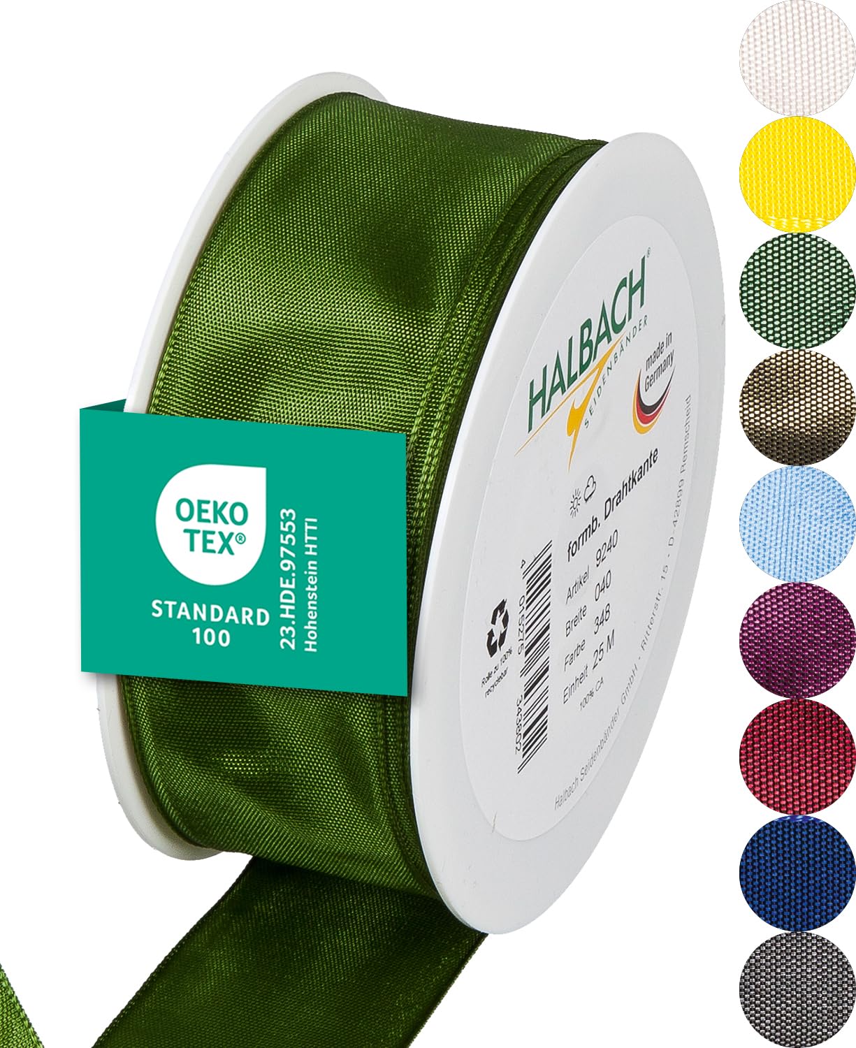Halbach Seidenbänder Premium Geschenkband mit Drahtkante | Breite 40mm Länge 25m | Öko-Tex 100 zertifiziertes Schleifenband | Taftband Made in Germany, Farbe: moosgrün