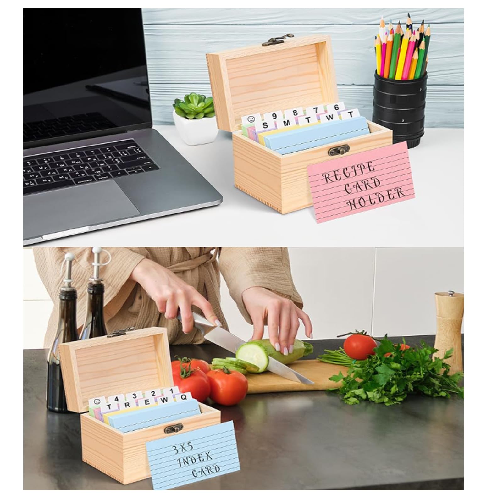 2 cajas de recetas de madera con tarjetas, robustas fichas de madera, soporte para recetas, caja de tarjetas, organizador de tarjetas de notas, estuche para tarjetas de notas, para cocina, boda
