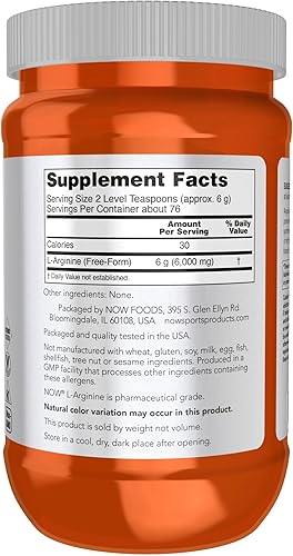 Miniatura 8 de NOW Sports Nutrition L-arginina en polvo precursor de óxido nítrico aminoácidos 22 libras