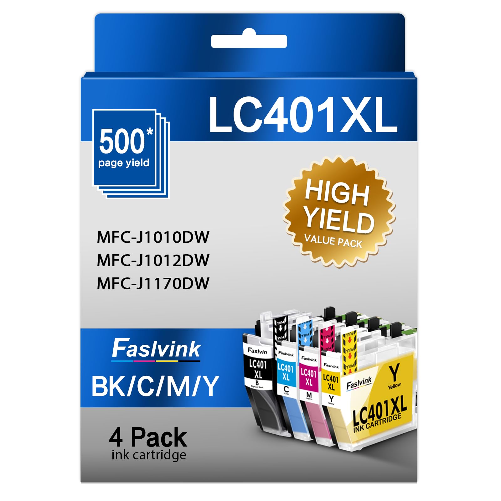 Faslvink LC401XL Ink Cartridge Compatible for Brother LC401 Ink Work with Brother MFC-J1010DW MFC-J1012DW MFC-J1170DW Printer, Black, Cyan, Magenta, Yellow