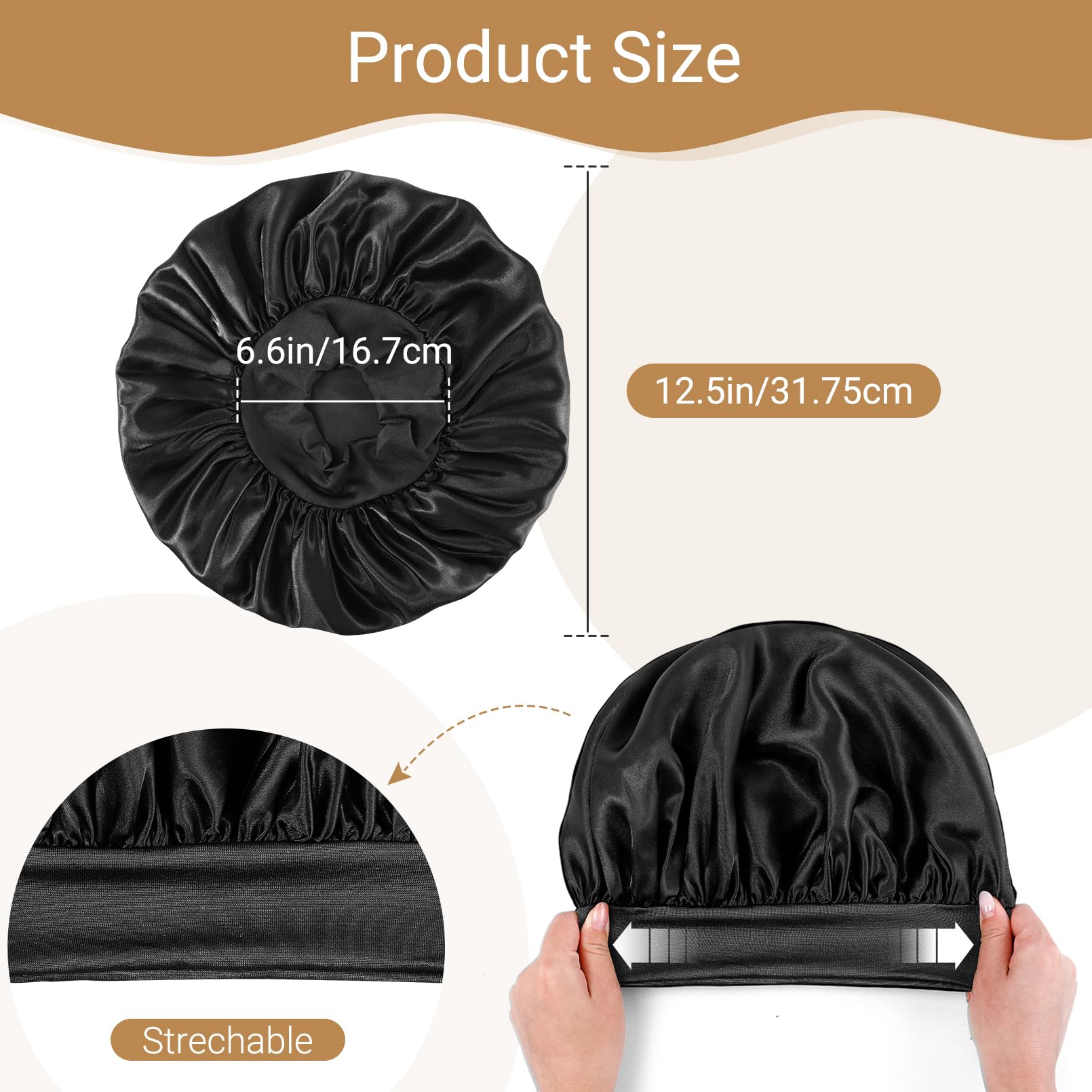 12 cuffie in raso per dormire, con fascia elastica larga, per donne, trecce, capelli ricci, nero