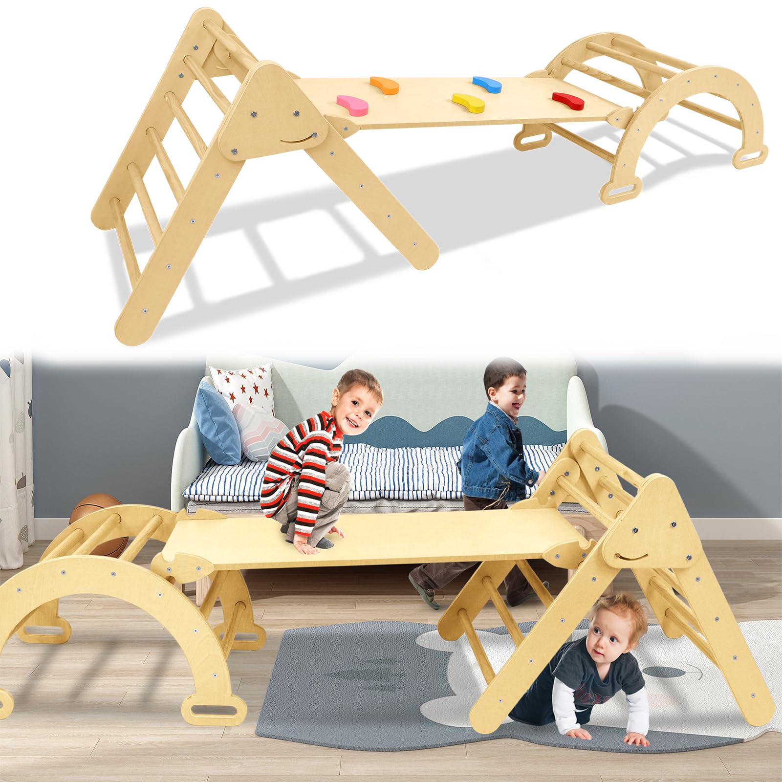 Aufun Klettergerüst Indoor Sprossenwand 3 in 1, Holz Kleinkind Klettergerüst Set, Kinder Pickler Dreieck, Baby Rutsche & Klettergerüste Indoor Spielgeräte für Kleinkinder ab 2-8 Jahr, ELC1072B