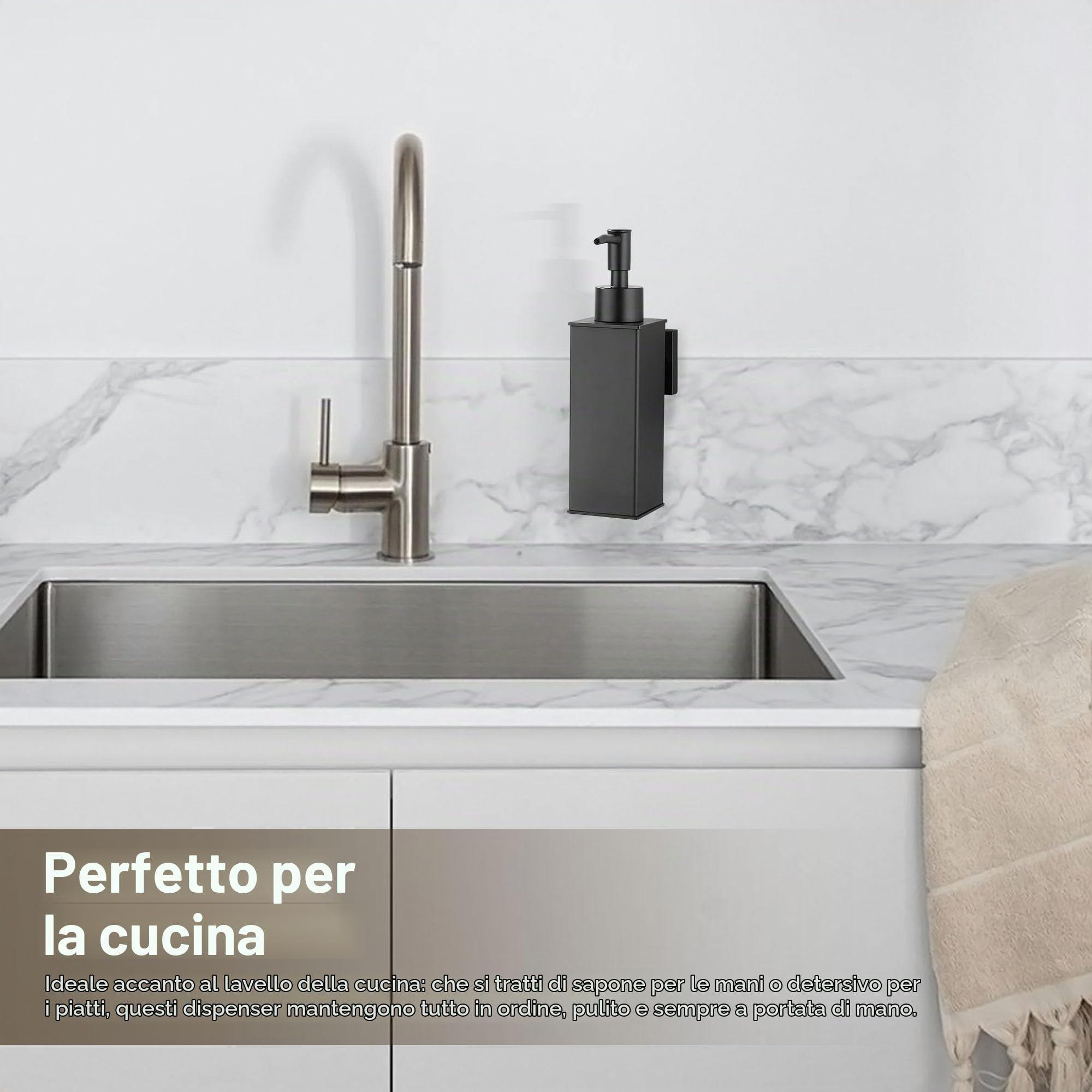 BGL Dispenser di sapone da parete, 2 pezzi, in acciaio inossidabile 304, dispenser per lavaggio a mano liquido per bagno e cucina, nero