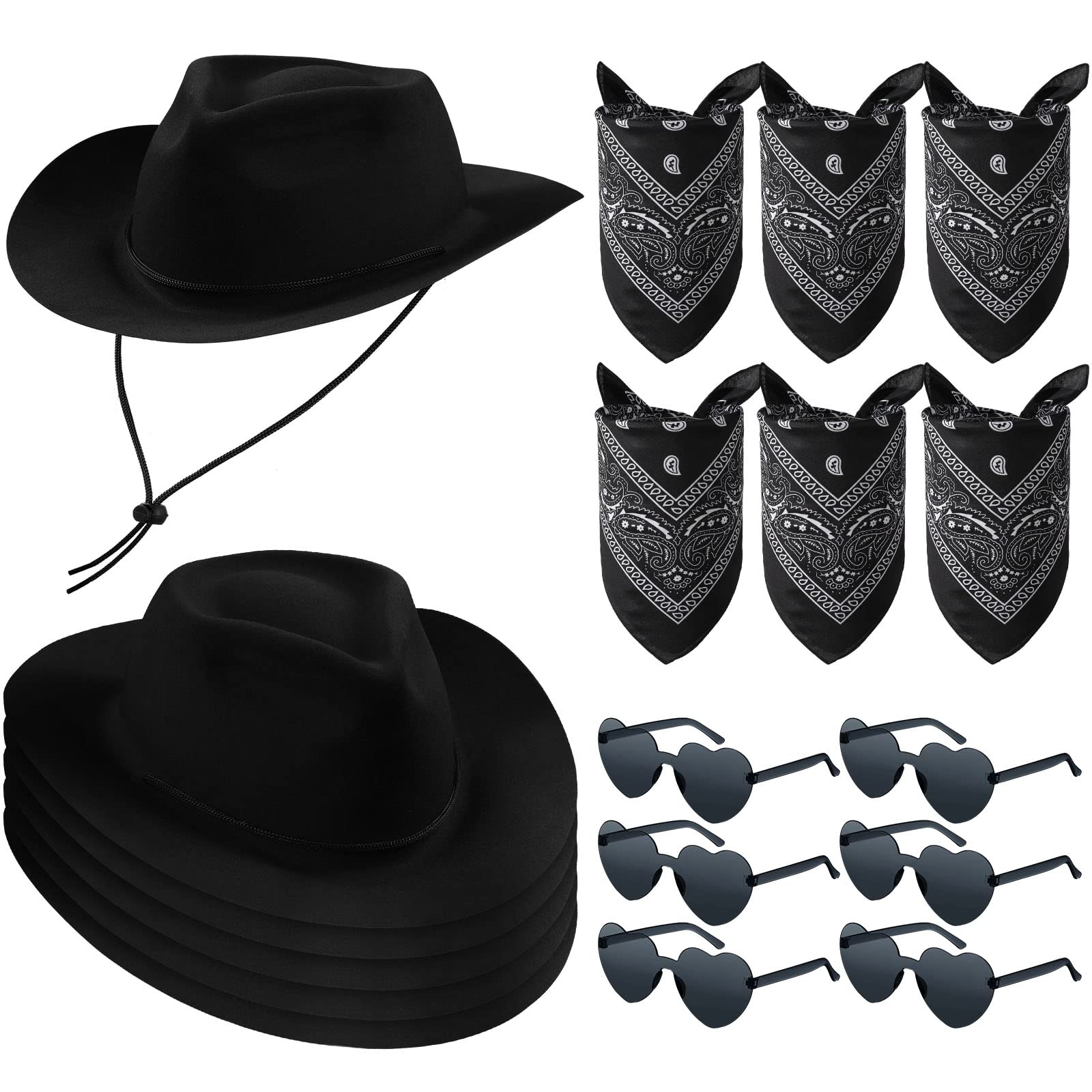 Newcotte 18 Pcs Western Cowboy Hat Set Include 6 Hats 6 Paisley Bandanas 6 Pairs Heart Style Glasses for Adults Party