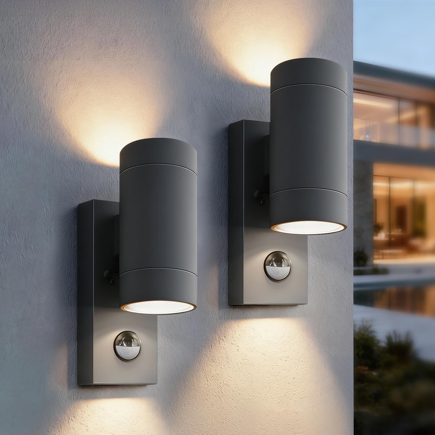 PIR Outdoor Wall Lights,IP65 Waterproof Up and Down Lights Outdoor with Motion Sensor,Aluminium Outside Wall Lights Mains Powered GU10,Exterior Wall Lamp for Front Door,Porch,Patio,Anthracite,2 Pack