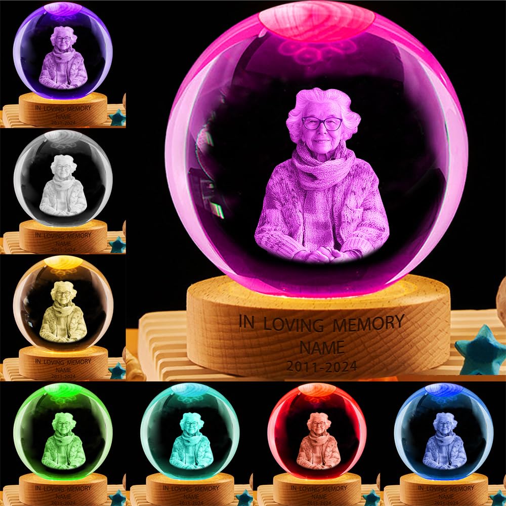 MYZQIFF Personalized Photo Memorial Crystal Globe Lamp, Custom Picture 3D Memory Crystal Ball Night Light Keepsake,Remembrance Sympathy Gift for Loss of Loved Ones