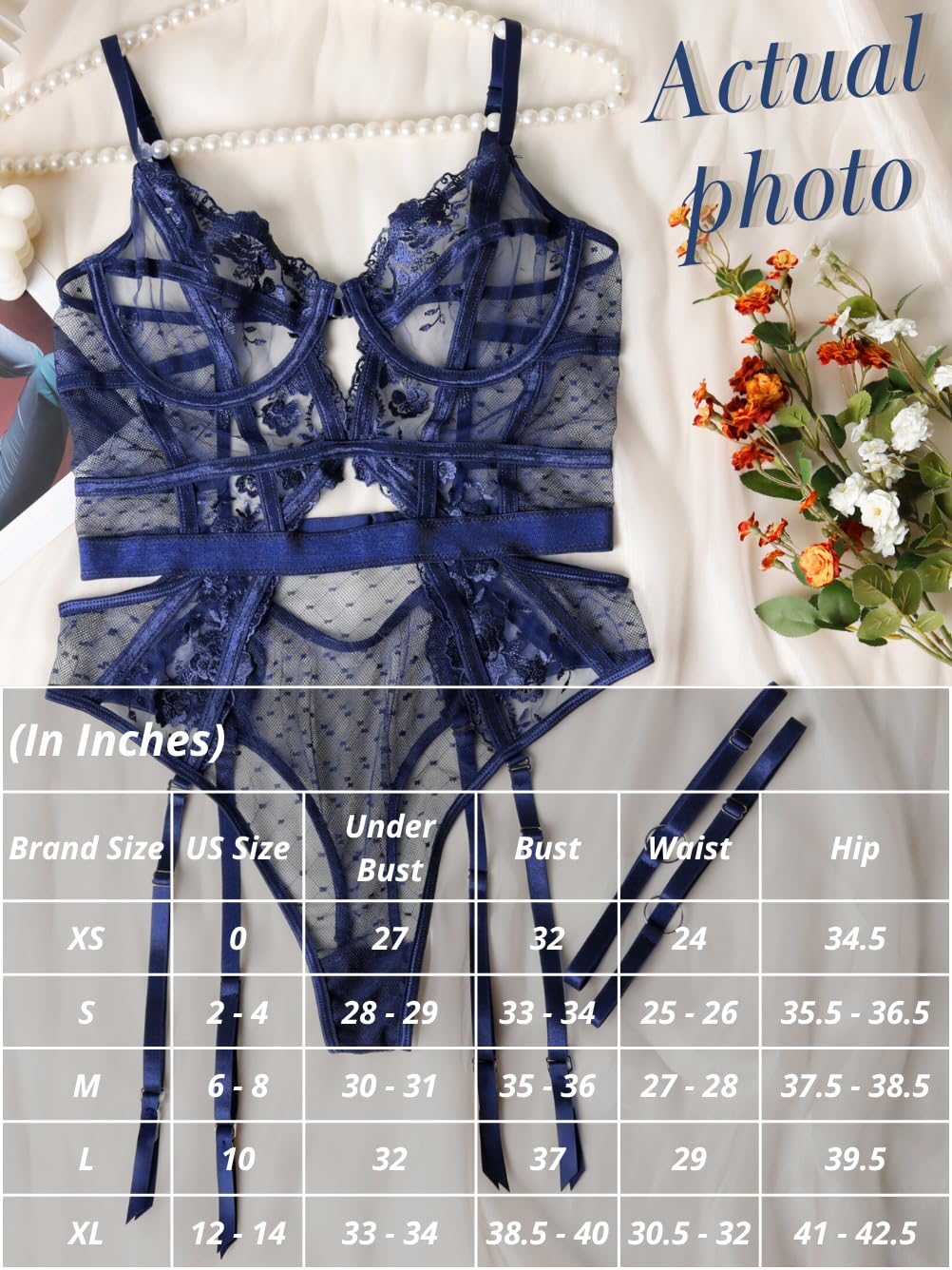 Kaei&Shi Floral Embroidered, Underwire, Removable Garter, Thigh Straps, Backless Bodysuit: Navy Blue 2-4