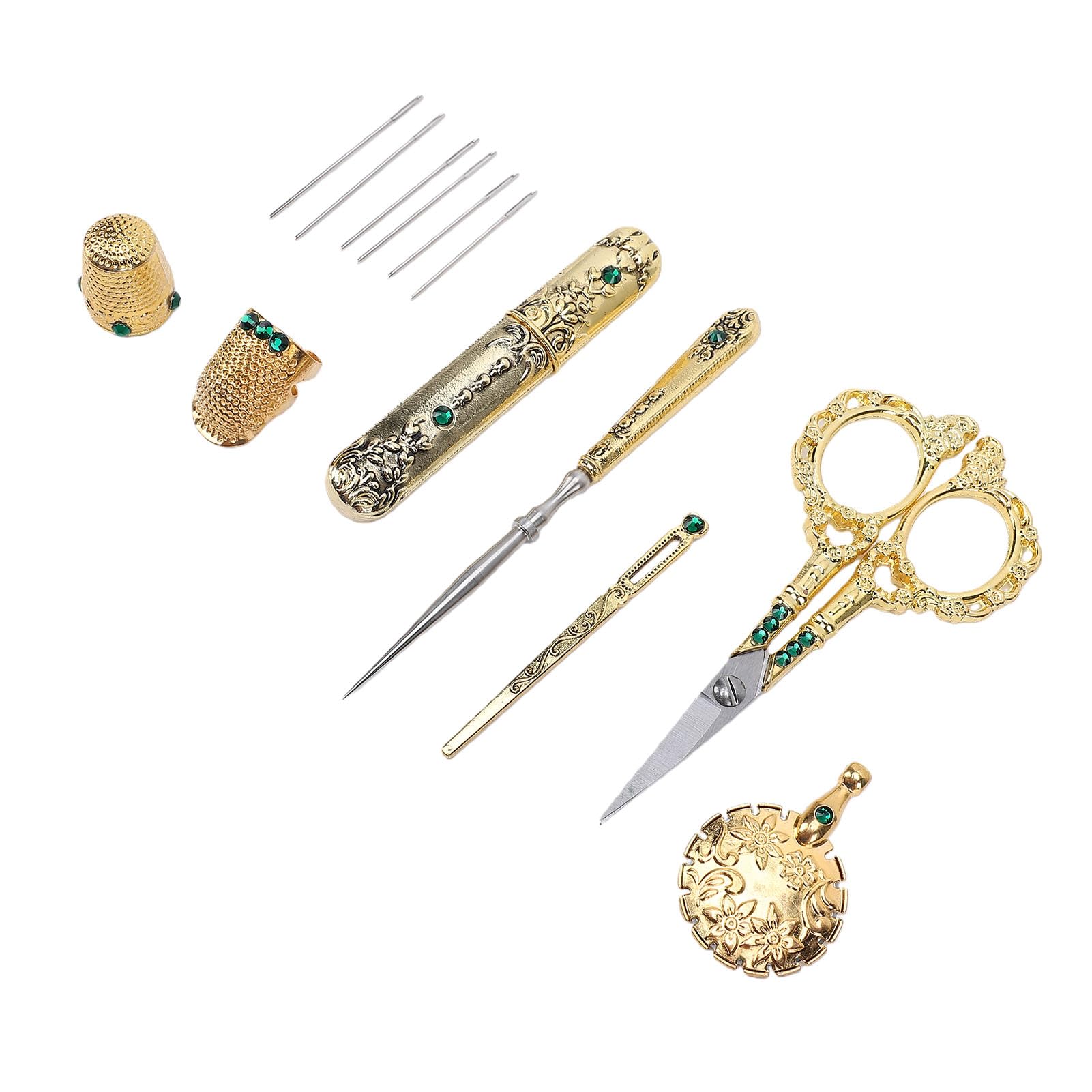 Bonbela Kit de Bordado de Tijeras Vintage, Tijeras de Costura Antiguas con Hojas de Acero Inoxidable, Dedales, Agujas, Punzón para Coser, Manualidades, Tejer