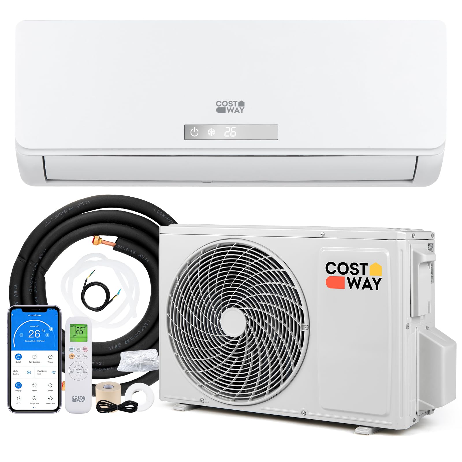 COSTWAY Klimaanlage Split 12000BTU, 3,4kW | Klimagerät leise mit Heizfunktion, WiFi & App & R32 Kältemittel, Klimasplittgeräte inkl. Montagematerial, Air Conditioner