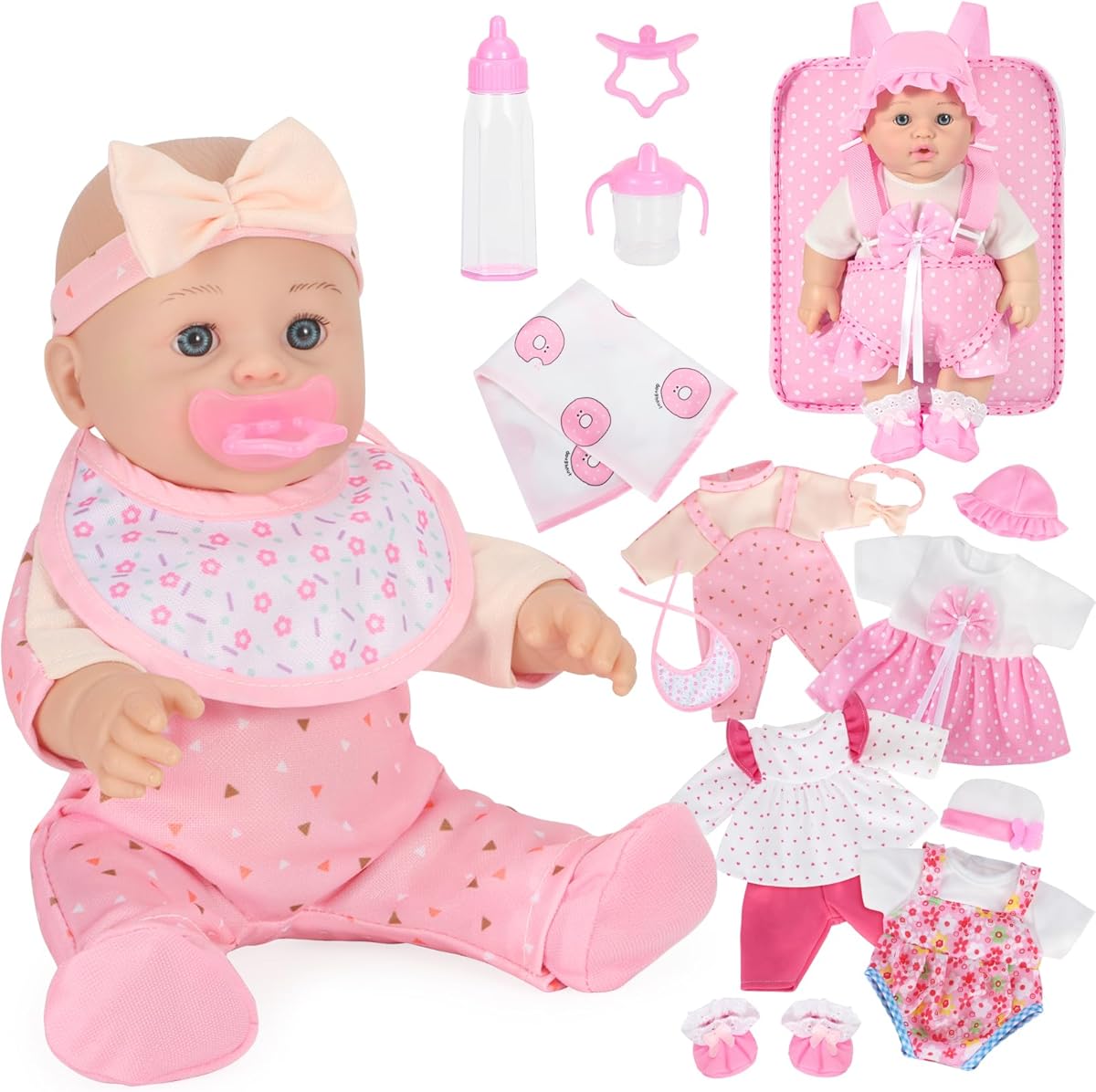 12'' Baby Doll Playset with 4 Outfits Backpack, 12 Inch Realistic Baby Dolls with Clothes Backpack and 2 Bottles Bib Quilt Nipple Socks, Pretend Play Baby Doll Gift for Toddlers Girls Age 3+