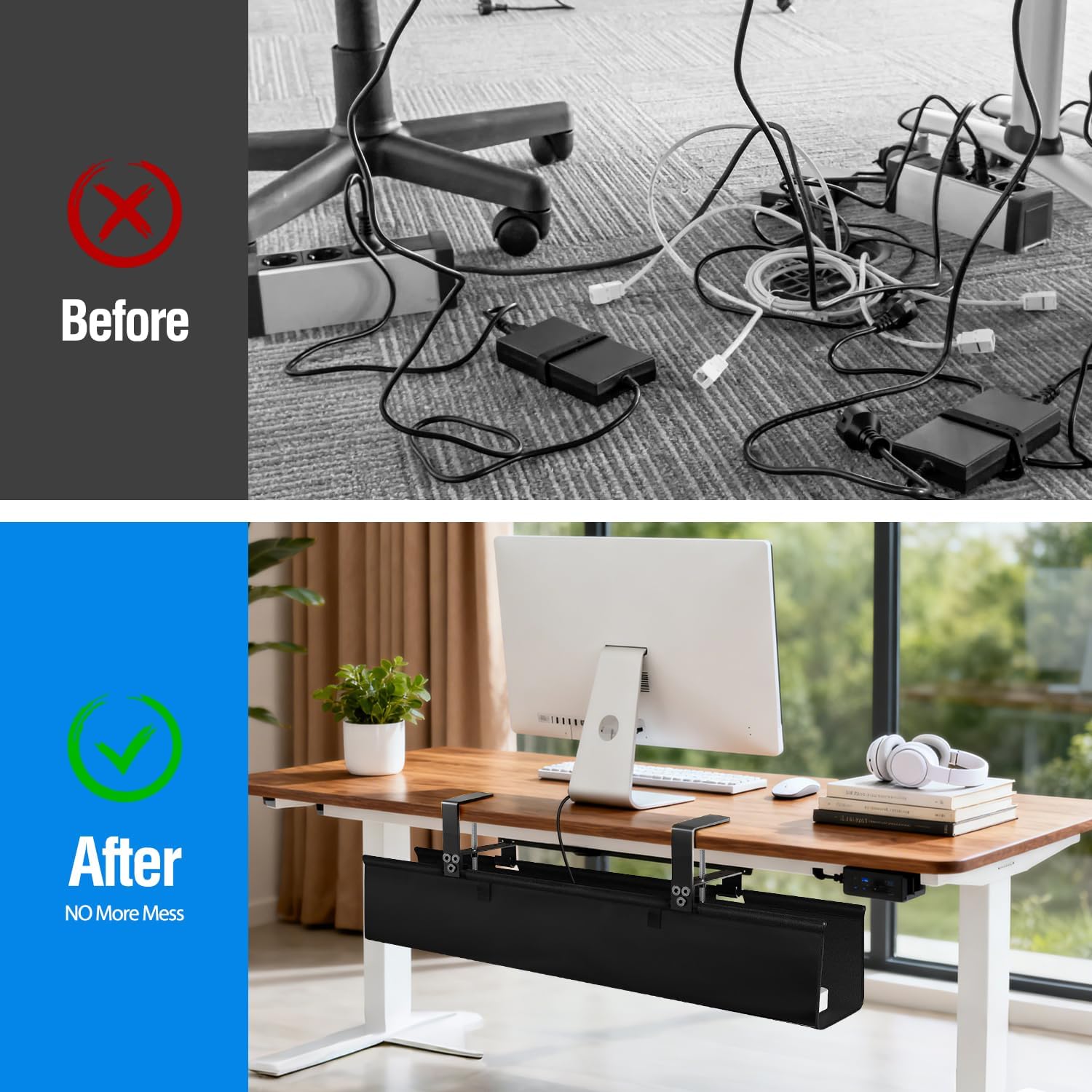 Under Desk Cable Management Tray, 36-Inch Heavy Duty No-Drill Clamp & Screw Mount Cord Organizer, Holds Power Strip & Large Adapters for Home Office, Gaming Desk, Study Room