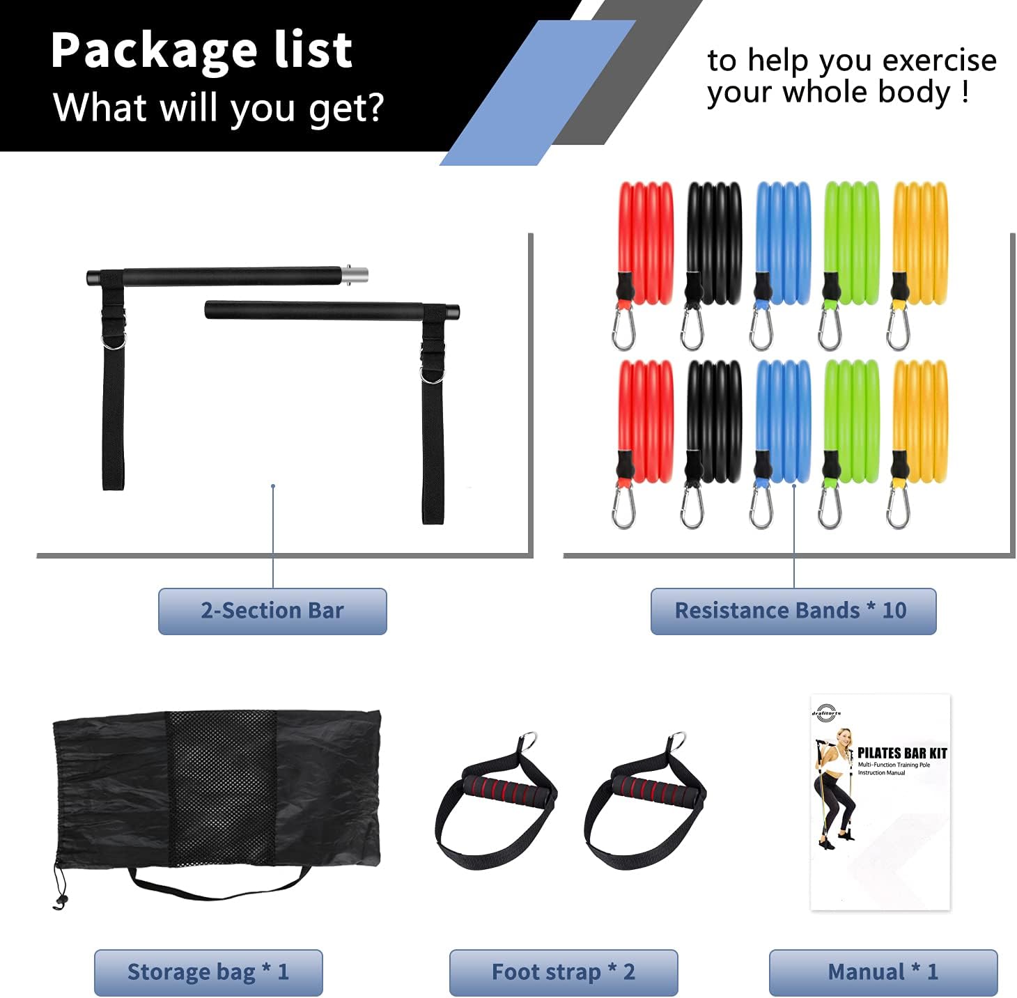 Drafitorts Pilates Bar Kit with 10 Resistance Bands for Muscle Toning, Adjustable for Different Height 2-Section Stretching Compact Exercise Sticks Home Gym Equipment Include 2 Foot Straps and Bag : Sports & Outdoors