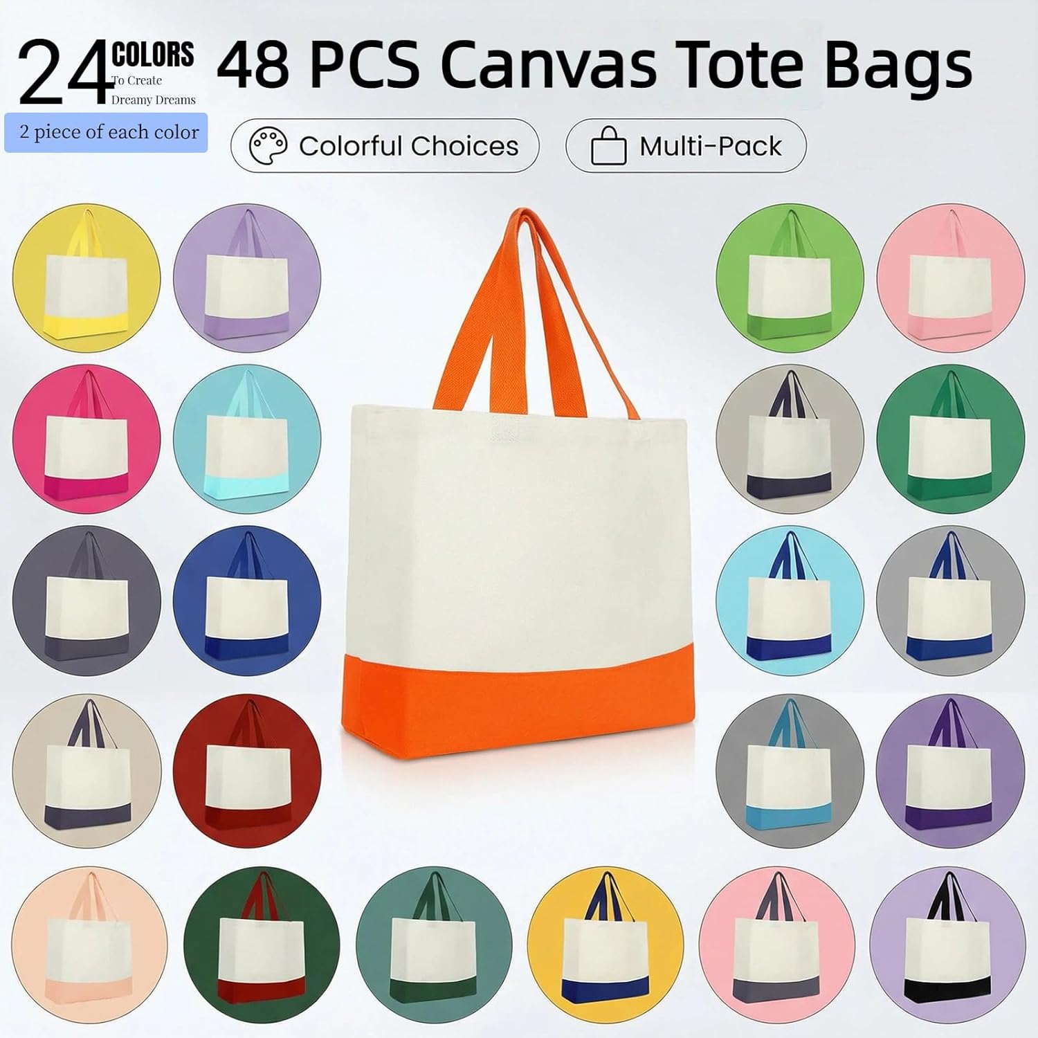 48 Pack 12 oz Large 18.5 x 15 Inch Canvas Tote Bags Bulk with Handles 24 Colors Shopping Reusable Blank Bags for Gift - Image 4